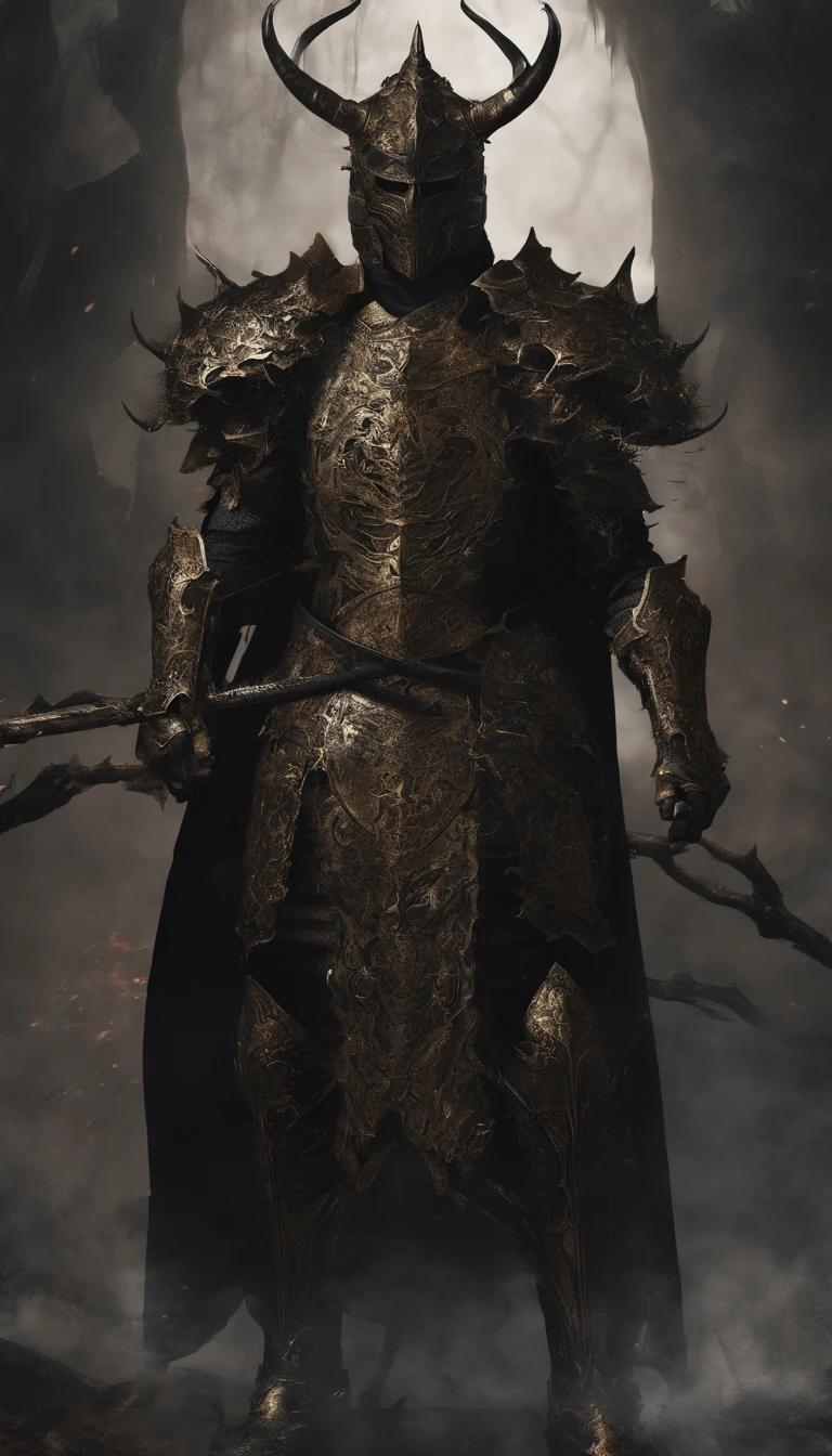 warrior, concept-art, author：Kishiganku, Fantasy art, battleground background, clean render, a horned, Wear a suit of armor, Detailed bushido form smoke, helmet of a forgotten deity, character is standing, 8k Realistic, in game render, detailed face background detail, Art station front page, taur, Pseudo-medieval fantasy, A deity wearing koi armor, detailed bronze armor, Bronze armor, golden etched armor, gold obsidian armor, Light gold armor, Gorgeous filigree armor, A demonic warrior, Gorgeous armor full of thorns, Intricate assasin armor, Intricate metal armor, powerful warrior, Dressed in gorgeous gold armor，Decorated with intricate patterns, The helmet has a large crown and two horns,Glowing red eyes， Everything is in the dark, The smoky background hints at battle scenes, Add an ominous aura to his character，submission, Full body shot.