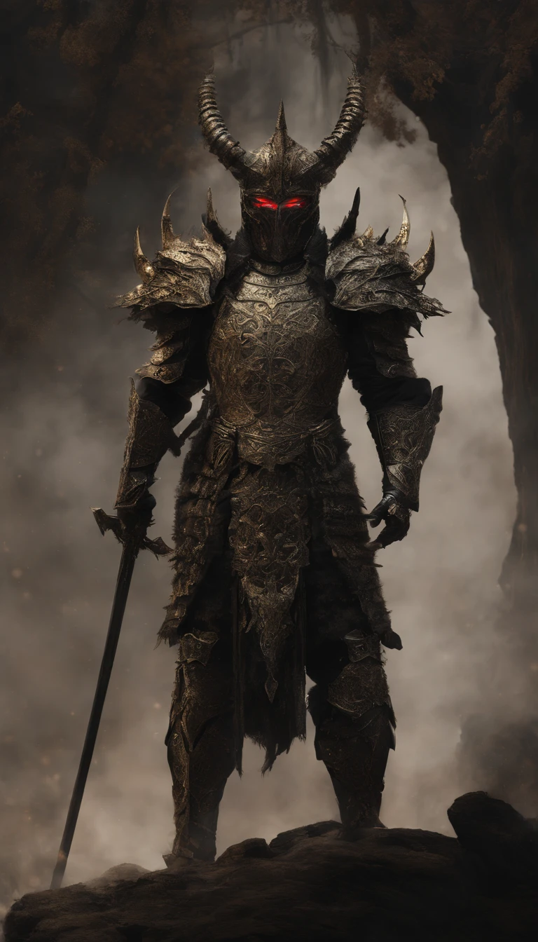 warrior, concept-art, author:Kishiganku, Fantasy art, battleground background, clean render, a horned, Wear a suit of armor, Detailed bushido form smoke, helmet of a forgotten deity, character is standing, 8k Realistic, in game render, detailed face background detail, Art station front page, taur, Pseudo-medieval fantasy, A deity wearing koi armor, detailed bronze armor, Bronze armor, golden etched armor, gold obsidian armor, Light gold armor, Gorgeous filigree armor, A demonic warrior, Gorgeous armor full of thorns, Intricate assasin armor, Intricate metal armor, powerful warrior, Dressed in gorgeous gold armor,Decorated with intricate patterns, The helmet has a large crown and two horns,Glowing red eyes, Everything is in the dark, The smoky background hints at battle scenes, Add an ominous aura to his character,submission, Full body shot.