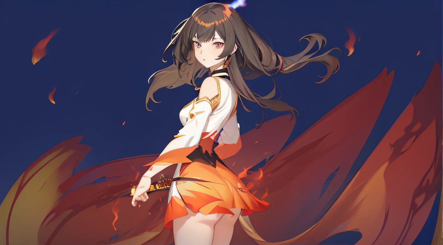 A painting of a woman with long hair and a white shirt, anime style like fate, Fire!! full bodyesbian,Female protagonist,a girl，Surrounded by roaring flames, a girl stands sideways, holding a sword., clean anime outlines, anime pose, wind blown，hair flowing, windy floating hair!!,Black hair,Black waistband and white short dress,Fair skin,Coloring