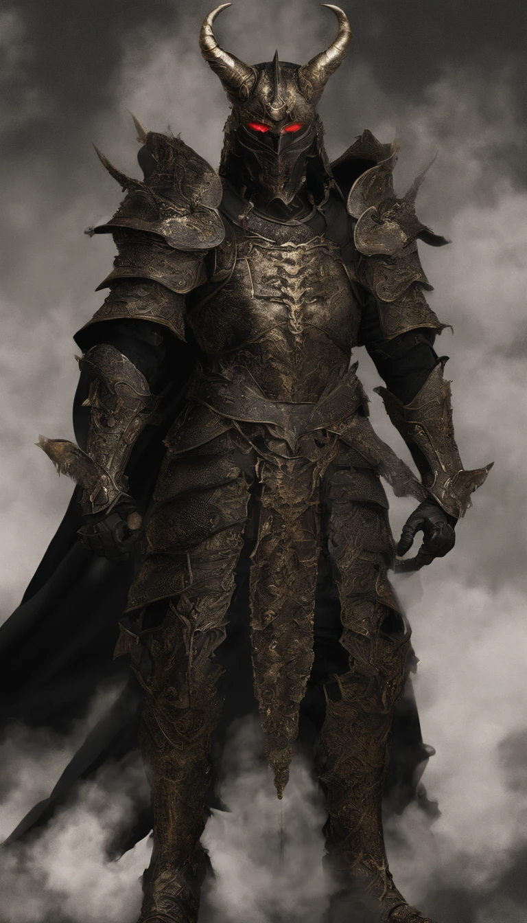 warrior, concept-art, author：Kishiganku, Fantasy art, battleground background, clean render, a horned, Wear a suit of armor, Detailed bushido form smoke, helmet of a forgotten deity, character is standing, 8k Realistic, in game render, detailed face background detail, Art station front page, taur, Pseudo-medieval fantasy, A deity wearing koi armor, detailed bronze armor, Bronze armor, golden etched armor, gold obsidian armor, Light gold armor, Gorgeous filigree armor, A demonic warrior, Gorgeous armor full of thorns, Intricate assasin armor, Intricate metal armor, powerful warrior, Dressed in gorgeous gold armor，Decorated with intricate patterns, The helmet has a large crown and two horns,Glowing red eyes， Everything is in the dark, The smoky background hints at battle scenes, Add an ominous aura to his character，submission, Full body shot.