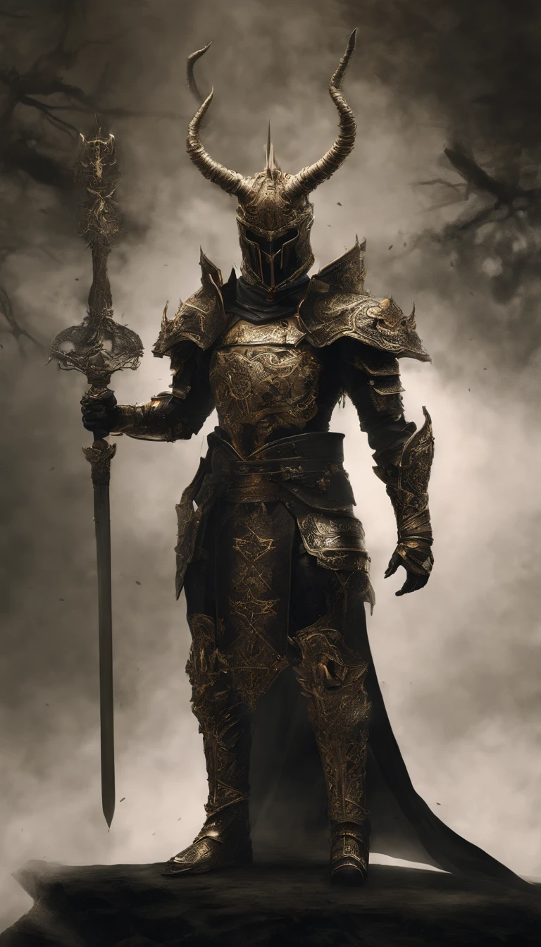 warrior, concept-art, author:Kishiganku, Fantasy art, battleground background, clean render, a horned, Wear a suit of armor, Detailed bushido form smoke, helmet of a forgotten deity, character is standing, 8k Realistic, in game render, detailed face background detail, Art station front page, taur, Pseudo-medieval fantasy, A deity wearing koi armor, detailed bronze armor, Bronze armor, golden etched armor, gold obsidian armor, Light gold armor, Gorgeous filigree armor, A demonic warrior, Gorgeous armor full of thorns, Intricate assasin armor, Intricate metal armor, powerful warrior, Dressed in gorgeous gold armor,Decorated with intricate patterns, The helmet has a large crown and two horns,Glowing red eyes, Everything is in the dark, The smoky background hints at battle scenes, Add an ominous aura to his character,submission, Full body shot.