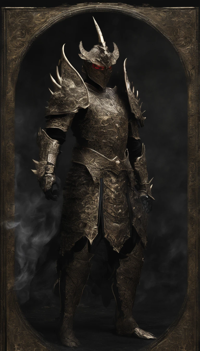 warrior, concept-art, author:Kishiganku, Fantasy art, battleground background, clean render, a horned, Wear a suit of armor, Detailed bushido form smoke, helmet of a forgotten deity, character is standing, 8k Realistic, in game render, detailed face background detail, Art station front page, taur, Pseudo-medieval fantasy, A deity wearing koi armor, detailed bronze armor, Bronze armor, golden etched armor, gold obsidian armor, Light gold armor, Gorgeous filigree armor, A demonic warrior, Gorgeous armor full of thorns, Intricate assasin armor, Intricate metal armor, powerful warrior, Dressed in gorgeous gold armor,Decorated with intricate patterns, The helmet has a large crown and two horns,Glowing red eyes, Everything is in the dark, The smoky background hints at battle scenes, Add an ominous aura to his character,submission, Full body shot.