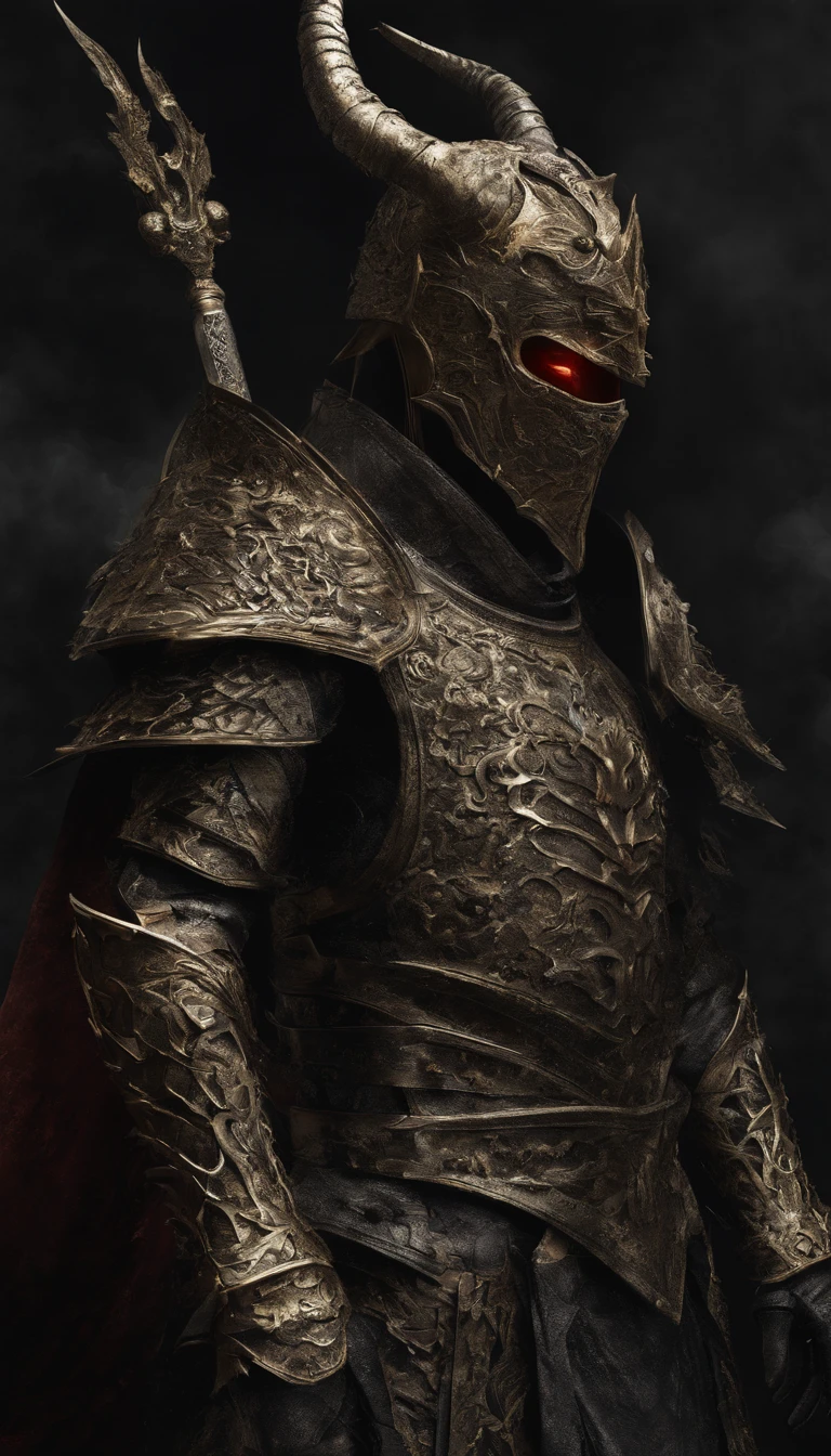 Very detailed, ultra detailed, masterpiece, night, with armor in black color, black eyes, blood on the face, drops of blood, in a florest, dark environment, dark fantasy, night, darkness,anime style