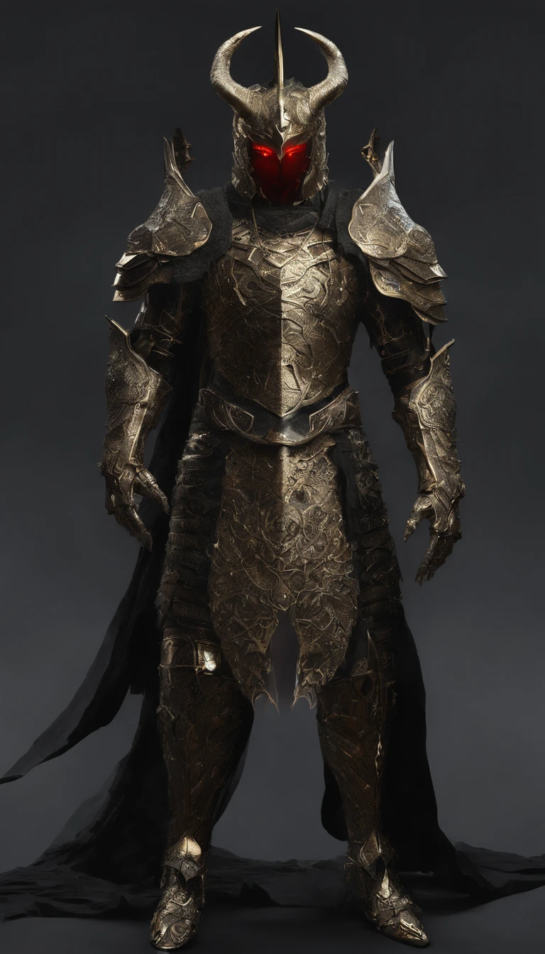 warrior, concept-art, author:Kishiganku, Fantasy art, battleground background, clean render, a horned, Wear a suit of armor, Detailed bushido form smoke, helmet of a forgotten deity, character is standing, 8k Realistic, in game render, detailed face background detail, Art station front page, taur, Pseudo-medieval fantasy, A deity wearing koi armor, detailed bronze armor, Bronze armor, golden etched armor, gold obsidian armor, Light gold armor, Gorgeous filigree armor, A demonic warrior, Gorgeous armor full of thorns, Intricate assasin armor, Intricate metal armor, powerful warrior, Dressed in gorgeous gold armor,Decorated with intricate patterns, The helmet has a large crown and two horns,Glowing red eyes, Everything is in the dark, The smoky background hints at battle scenes, Add an ominous aura to his character,submission, Full body shot.