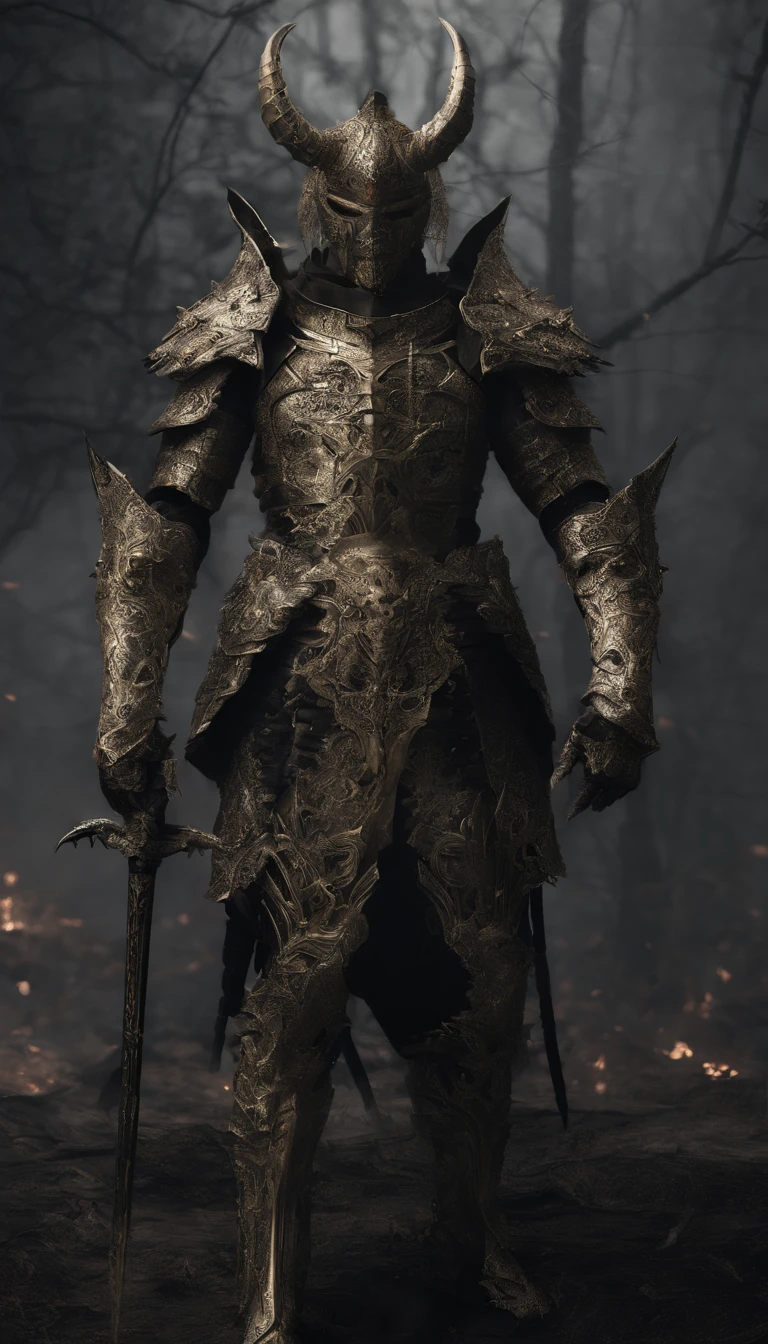 warrior, concept-art, author：Kishiganku, Fantasy art, battleground background, clean render, a horned, Wear a suit of armor, Detailed bushido form smoke, helmet of a forgotten deity, character is standing, 8k Realistic, in game render, detailed face background detail, Art station front page, taur, Pseudo-medieval fantasy, A deity wearing koi armor, detailed bronze armor, Bronze armor, golden etched armor, gold obsidian armor, Light gold armor, Gorgeous filigree armor, A demonic warrior, Gorgeous armor full of thorns, Intricate assasin armor, Intricate metal armor, powerful warrior, Dressed in gorgeous gold armor，Decorated with intricate patterns, The helmet has a large crown and two horns,Glowing red eyes， Everything is in the dark, The smoky background hints at battle scenes, Add an ominous aura to his character，submission, Full body shot.