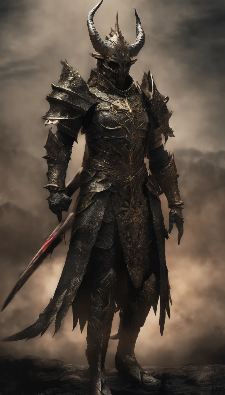 warrior, concept-art, author:Kishiganku, Fantasy art, battleground background, clean render, a horned, Wear a suit of armor, Detailed bushido form smoke, helmet of a forgotten deity, character is standing, 8k Realistic, in game render, detailed face background detail, Art station front page, taur, Pseudo-medieval fantasy, A deity wearing koi armor, detailed bronze armor, Bronze armor, golden etched armor, gold obsidian armor, Light gold armor, Gorgeous filigree armor, A demonic warrior, Gorgeous armor full of thorns, Intricate assasin armor, Intricate metal armor, powerful warrior, Dressed in gorgeous gold armor,Decorated with intricate patterns, The helmet has a large crown and two horns,Glowing red eyes, Everything is in the dark, The smoky background hints at battle scenes, Add an ominous aura to his character,submission, Full body shot.