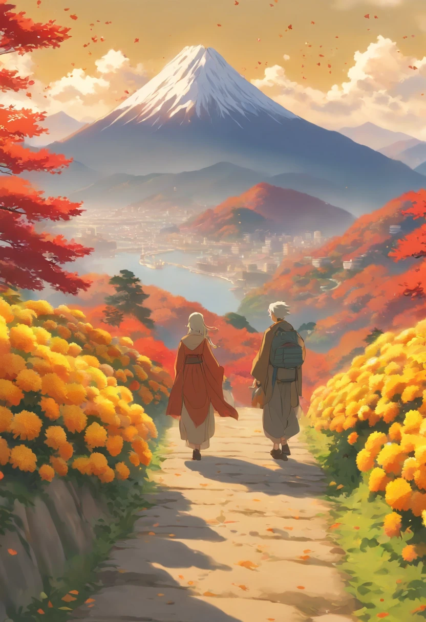 Double Ninth Festival, beautiful scenery, mountains and water, chrysanthemums on the road, two old people climbing the mountain together, the sun on the mountain, warm appearance, a cartoon illustration, masterpiece, best quality, super quality, details, best light and shadow, best shadow,autumn, Pale Gold background