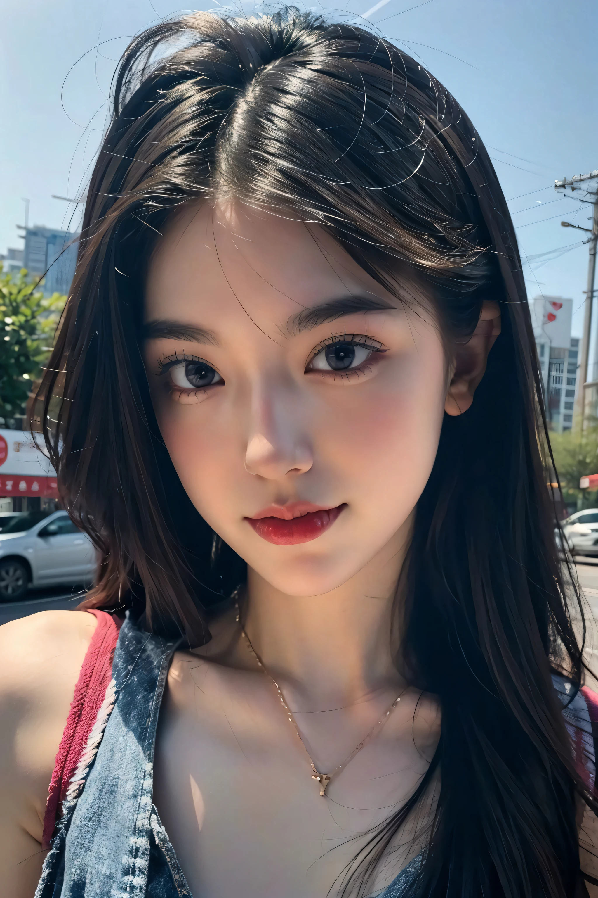 Xue Kaiqi's face,Exposed cleavage,36D胸围,NOWAI,and the sun was shining brightly,HD 4K graphics