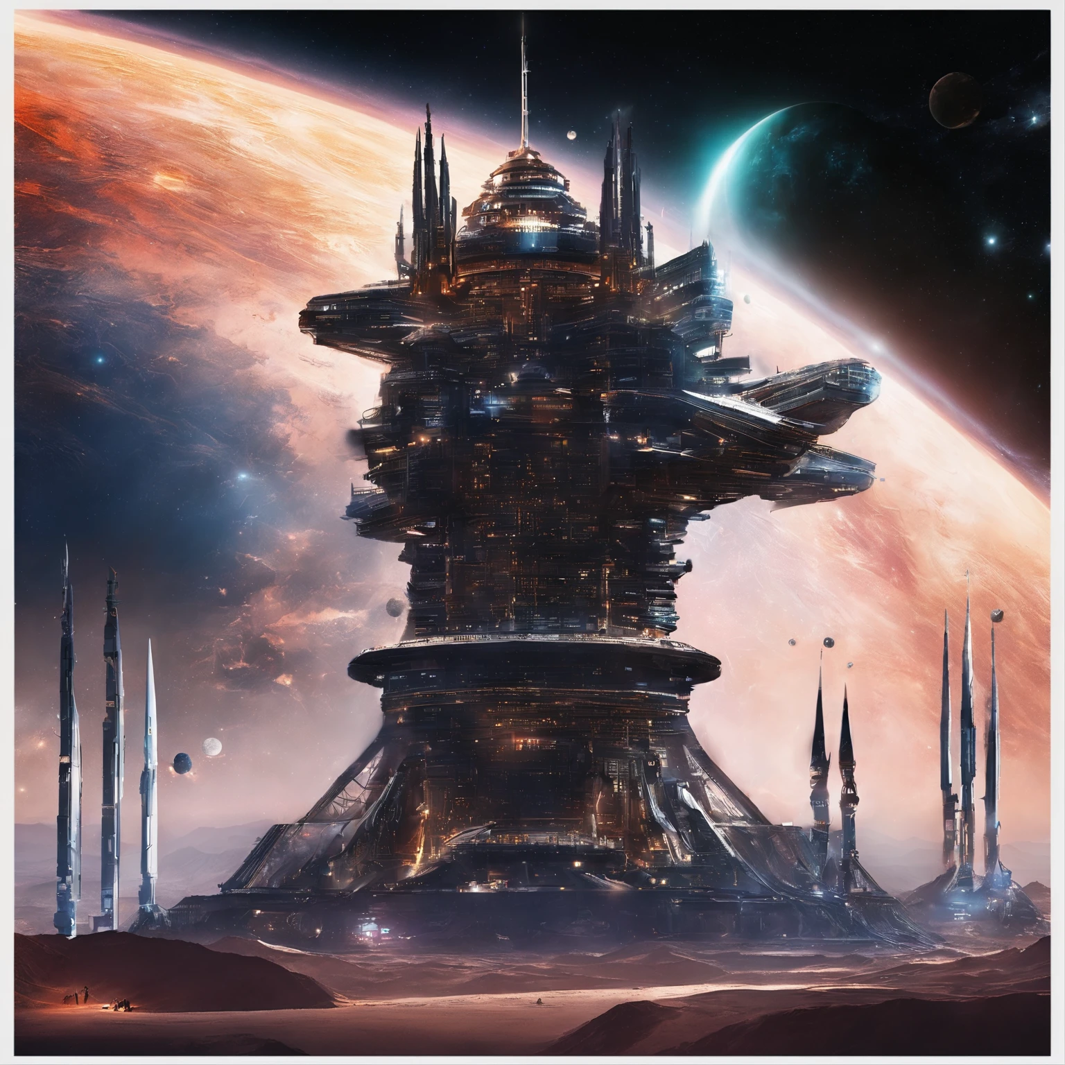 Un monde de science-fiction futuriste, This huge castle in space has no concept of up or down. An upside-down castle, Une forteresse spatiale, un port spatial, A giant cluster of antennas, (Best quality), (Masterpiece:1.3), Pas de motif, espace, Space opera, Grandes roues, Engrenages, apesanteur, Dutch Angles,