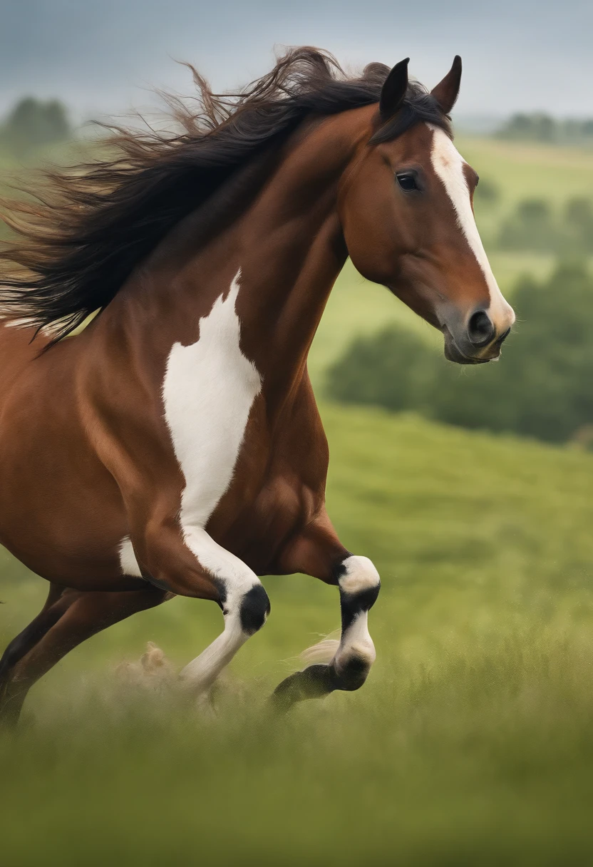 best quality, ultra-detailed, realistic, Cancel the extra horse legs, vivid colors, fine art, horses running in a green meadow, flowing manes, galloping horses, dynamic composition, natural lighting