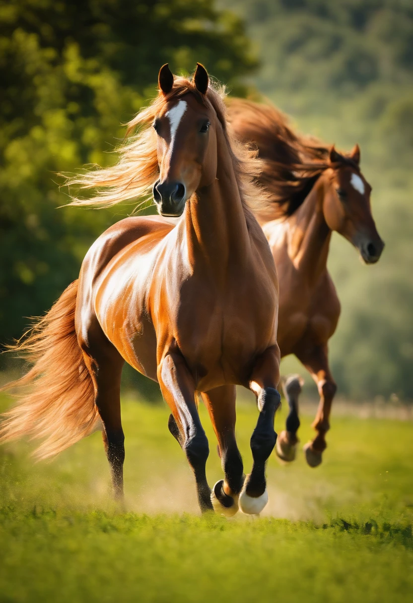 best quality, ultra-detailed, realistic, Cancel the extra horse legs, vivid colors, fine art, horses running in a green meadow, flowing manes, galloping horses, dynamic composition, natural lighting