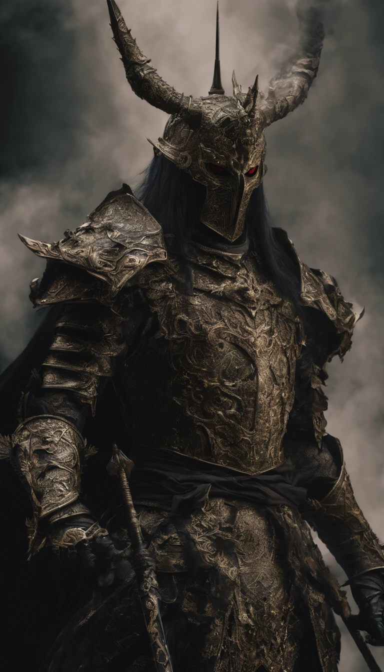 warrior, concept-art, author:Kishiganku, Fantasy art, battleground background, clean render, a horned, Wear a suit of armor, Detailed bushido form smoke, helmet of a forgotten deity, character is standing, 8k Realistic, in game render, detailed face background detail, Art station front page, taur, Pseudo-medieval fantasy, A deity wearing koi armor, detailed bronze armor, Bronze armor, golden etched armor, gold obsidian armor, Light gold armor, Gorgeous filigree armor, A demonic warrior, Gorgeous armor full of thorns, Intricate assasin armor, Intricate metal armor, powerful warrior, Dressed in gorgeous gold armor,Decorated with intricate patterns, The helmet has a large crown and two horns,Glowing red eyes, Everything is in the dark, The smoky background hints at battle scenes, Add an ominous aura to his character,submission, Full body shot.