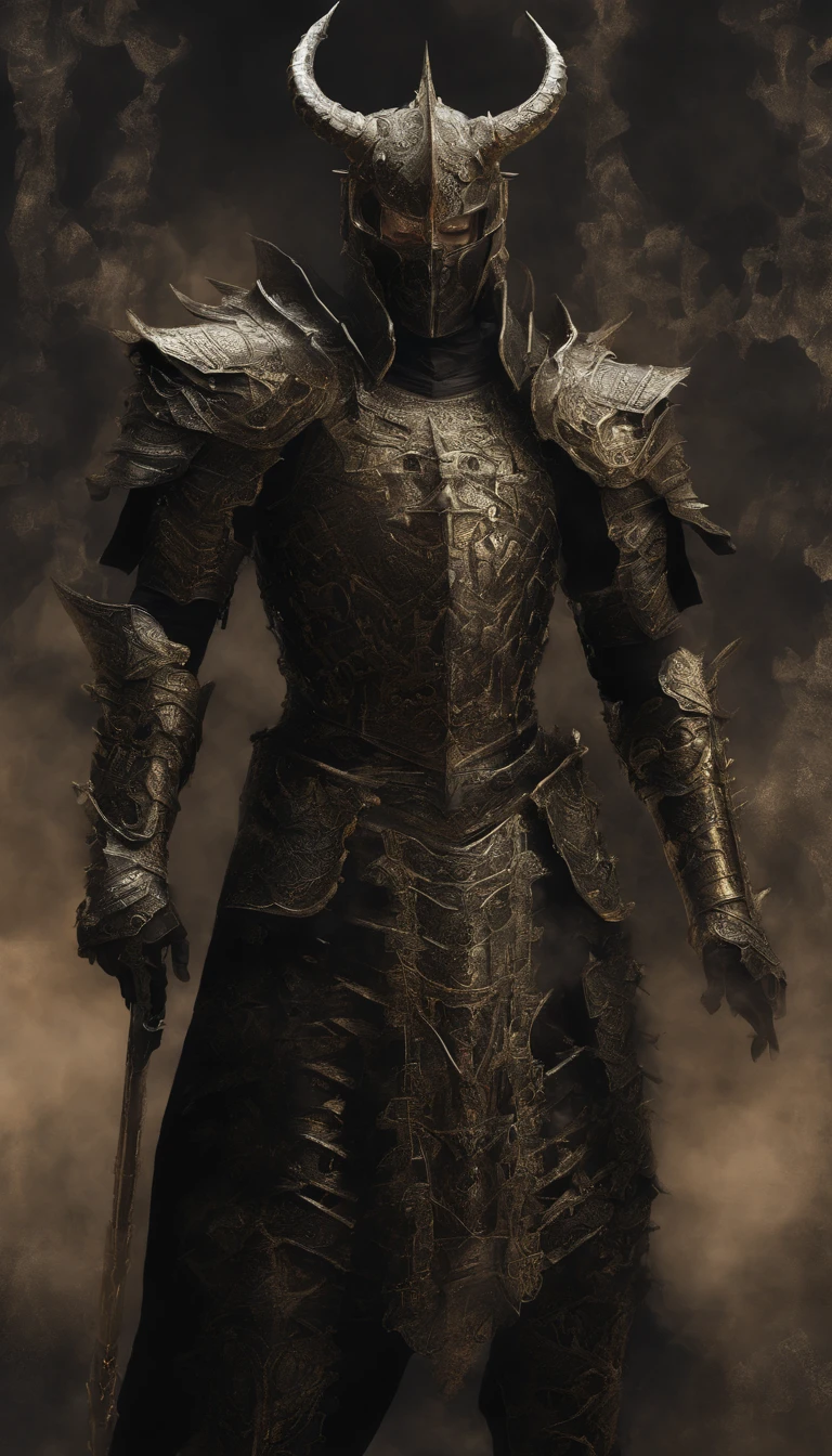 warrior, concept-art, author:Kishiganku, Fantasy art, battleground background, clean render, a horned, Wear a suit of armor, Detailed bushido form smoke, helmet of a forgotten deity, character is standing, 8k Realistic, in game render, detailed face background detail, Art station front page, taur, Pseudo-medieval fantasy, A deity wearing koi armor, detailed bronze armor, Bronze armor, golden etched armor, gold obsidian armor, Light gold armor, Gorgeous filigree armor, A demonic warrior, Gorgeous armor full of thorns, Intricate assasin armor, Intricate metal armor, powerful warrior, Dressed in gorgeous gold armor,Decorated with intricate patterns, The helmet has a large crown and two horns,Glowing red eyes, Everything is in the dark, The smoky background hints at battle scenes, Add an ominous aura to his character,submission, Full body shot.