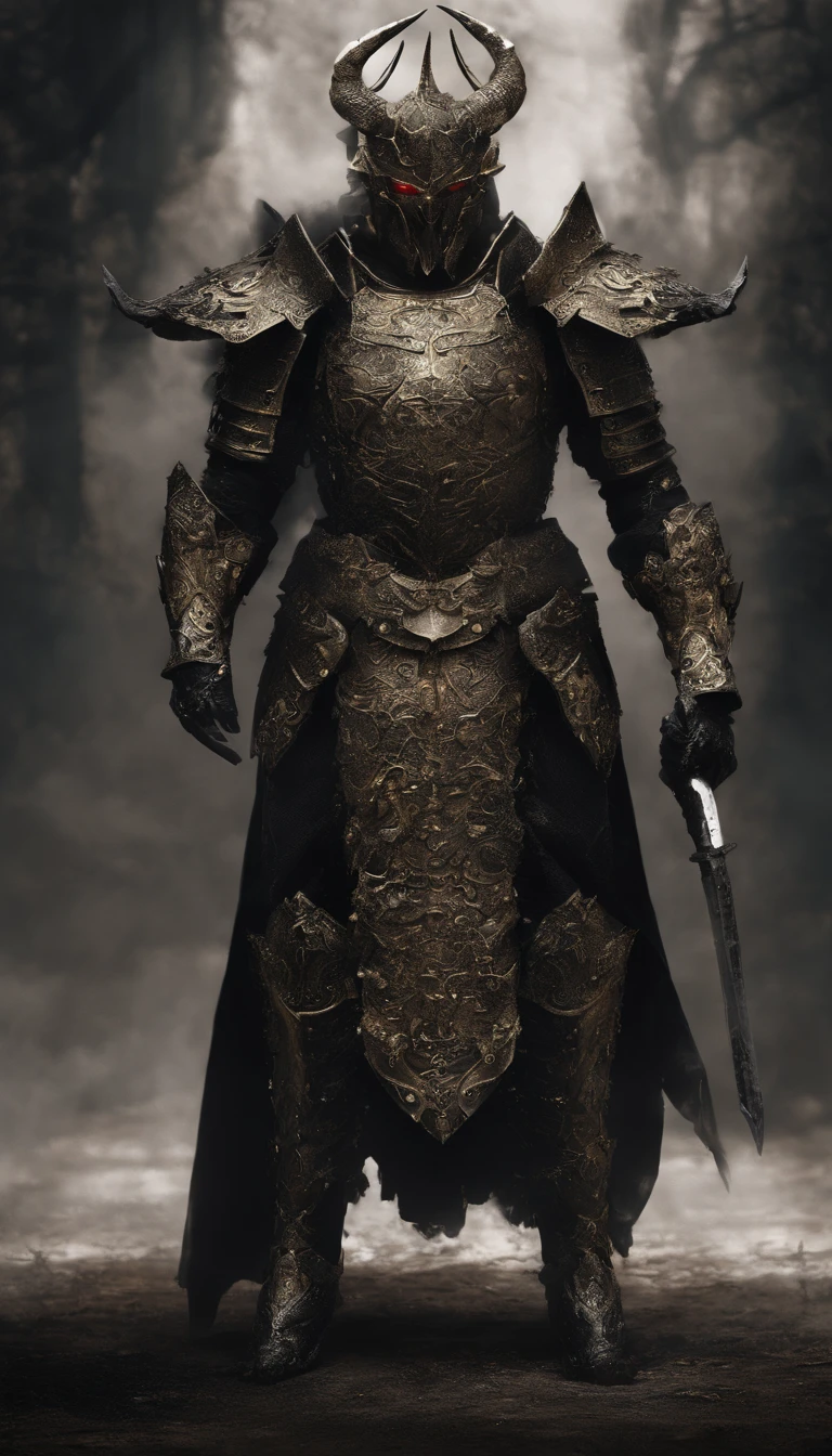 warrior, concept-art, author:Kishiganku, Fantasy art, battleground background, clean render, a horned, Wear a suit of armor, Detailed bushido form smoke, helmet of a forgotten deity, character is standing, 8k Realistic, in game render, detailed face background detail, Art station front page, taur, Pseudo-medieval fantasy, A deity wearing koi armor, detailed bronze armor, Bronze armor, golden etched armor, gold obsidian armor, Light gold armor, Gorgeous filigree armor, A demonic warrior, Gorgeous armor full of thorns, Intricate assasin armor, Intricate metal armor, powerful warrior, Dressed in gorgeous gold armor,Decorated with intricate patterns, The helmet has a large crown and two horns,Glowing red eyes, Everything is in the dark, The smoky background hints at battle scenes, Add an ominous aura to his character,submission, Full body shot.