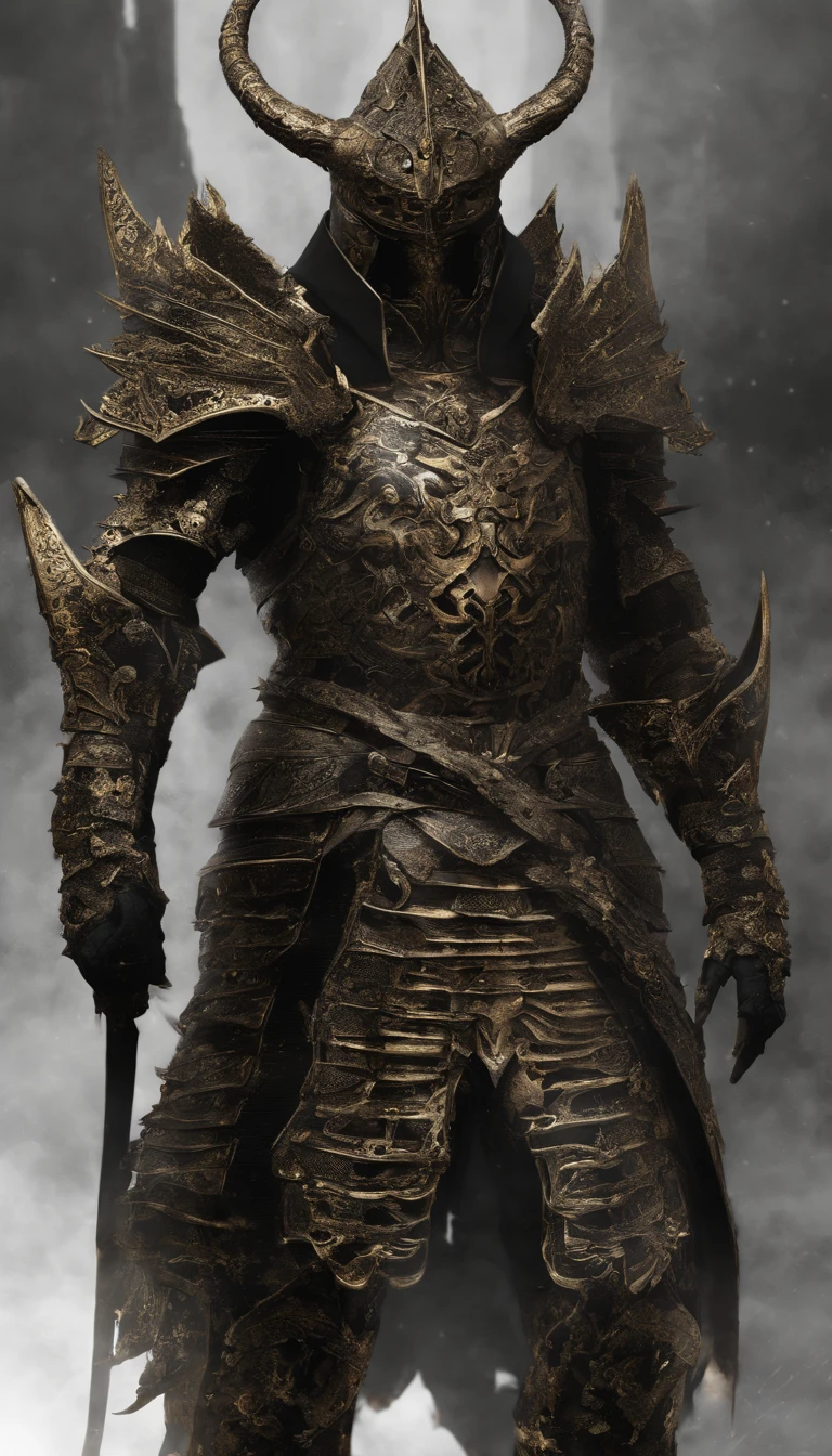 warrior, concept-art, author:Kishiganku, Fantasy art, battleground background, clean render, a horned, Wear a suit of armor, Detailed bushido form smoke, helmet of a forgotten deity, character is standing, 8k Realistic, in game render, detailed face background detail, Art station front page, taur, Pseudo-medieval fantasy, A deity wearing koi armor, detailed bronze armor, Bronze armor, golden etched armor, gold obsidian armor, Light gold armor, Gorgeous filigree armor, A demonic warrior, Gorgeous armor full of thorns, Intricate assasin armor, Intricate metal armor, powerful warrior, Dressed in gorgeous gold armor,Decorated with intricate patterns, The helmet has a large crown and two horns,Glowing red eyes, Everything is in the dark, The smoky background hints at battle scenes, Add an ominous aura to his character,submission, Full body shot.