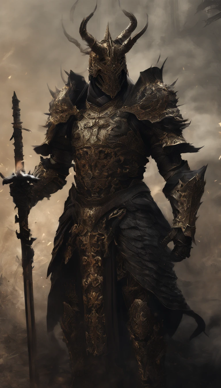 warrior, concept-art, author：Kishiganku, Fantasy art, battleground background, clean render, a horned, Wear a suit of armor, Detailed bushido form smoke, helmet of a forgotten deity, character is standing, 8k Realistic, in game render, detailed face background detail, Art station front page, taur, Pseudo-medieval fantasy, A deity wearing koi armor, detailed bronze armor, Bronze armor, golden etched armor, gold obsidian armor, Light gold armor, Gorgeous filigree armor, A demonic warrior, Gorgeous armor full of thorns, Intricate assasin armor, Intricate metal armor, powerful warrior, Dressed in gorgeous gold armor，Decorated with intricate patterns, The helmet has a large crown and two horns,Glowing red eyes， Everything is in the dark, The smoky background hints at battle scenes, Add an ominous aura to his character，submission, Full body shot.