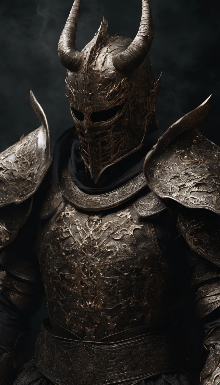 warrior, concept-art, author:Kishiganku, Fantasy art, battleground background, clean render, a horned, Wear a suit of armor, Detailed bushido form smoke, helmet of a forgotten deity, character is standing, 8k Realistic, in game render, detailed face background detail, Art station front page, taur, Pseudo-medieval fantasy, A deity wearing koi armor, detailed bronze armor, Bronze armor, golden etched armor, gold obsidian armor, Light gold armor, Gorgeous filigree armor, A demonic warrior, Gorgeous armor full of thorns, Intricate assasin armor, Intricate metal armor, powerful warrior, Dressed in gorgeous gold armor,Decorated with intricate patterns, The helmet has a large crown and two horns,Glowing red eyes, Everything is in the dark, The smoky background hints at battle scenes, Add an ominous aura to his character,submission, Full body shot.