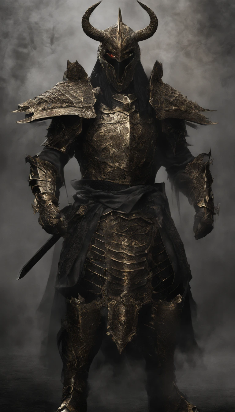 warrior, concept-art, author:Kishiganku, Fantasy art, battleground background, clean render, a horned, Wear a suit of armor, Detailed bushido form smoke, helmet of a forgotten deity, character is standing, 8k Realistic, in game render, detailed face background detail, Art station front page, taur, Pseudo-medieval fantasy, A deity wearing koi armor, detailed bronze armor, Bronze armor, golden etched armor, gold obsidian armor, Light gold armor, Gorgeous filigree armor, A demonic warrior, Gorgeous armor full of thorns, Intricate assasin armor, Intricate metal armor, powerful warrior, Dressed in gorgeous gold armor,Decorated with intricate patterns, The helmet has a large crown and two horns,Glowing red eyes, Everything is in the dark, The smoky background hints at battle scenes, Add an ominous aura to his character,submission, Full body shot.