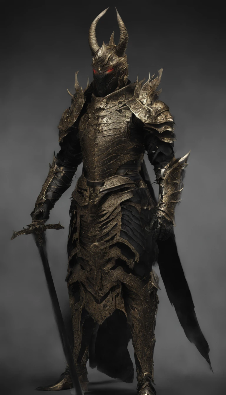 warrior, concept-art, author：Kishiganku, Fantasy art, battleground background, clean render, a horned, Wear a suit of armor, Detailed bushido form smoke, helmet of a forgotten deity, character is standing, 8k Realistic, in game render, detailed face background detail, Art station front page, taur, Pseudo-medieval fantasy, A deity wearing koi armor, detailed bronze armor, Bronze armor, golden etched armor, gold obsidian armor, Light gold armor, Gorgeous filigree armor, A demonic warrior, Gorgeous armor full of thorns, Intricate assasin armor, Intricate metal armor, powerful warrior, Dressed in gorgeous gold armor，Decorated with intricate patterns, The helmet has a large crown and two horns,Glowing red eyes， Everything is in the dark, The smoky background hints at battle scenes, Add an ominous aura to his character，submission, Full body shot.