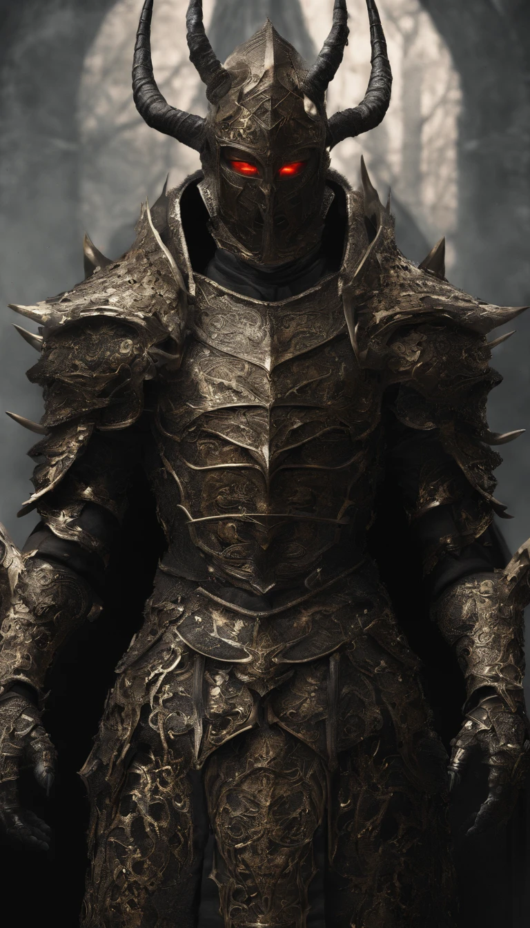 warrior, concept-art, author:Kishiganku, Fantasy art, battleground background, clean render, a horned, Wear a suit of armor, Detailed bushido form smoke, helmet of a forgotten deity, character is standing, 8k Realistic, in game render, detailed face background detail, Art station front page, taur, Pseudo-medieval fantasy, A deity wearing koi armor, detailed bronze armor, Bronze armor, golden etched armor, gold obsidian armor, Light gold armor, Gorgeous filigree armor, A demonic warrior, Gorgeous armor full of thorns, Intricate assasin armor, Intricate metal armor, powerful warrior, Dressed in gorgeous gold armor,Decorated with intricate patterns, The helmet has a large crown and two horns,Glowing red eyes, Everything is in the dark, The smoky background hints at battle scenes, Add an ominous aura to his character,submission, Full body shot.