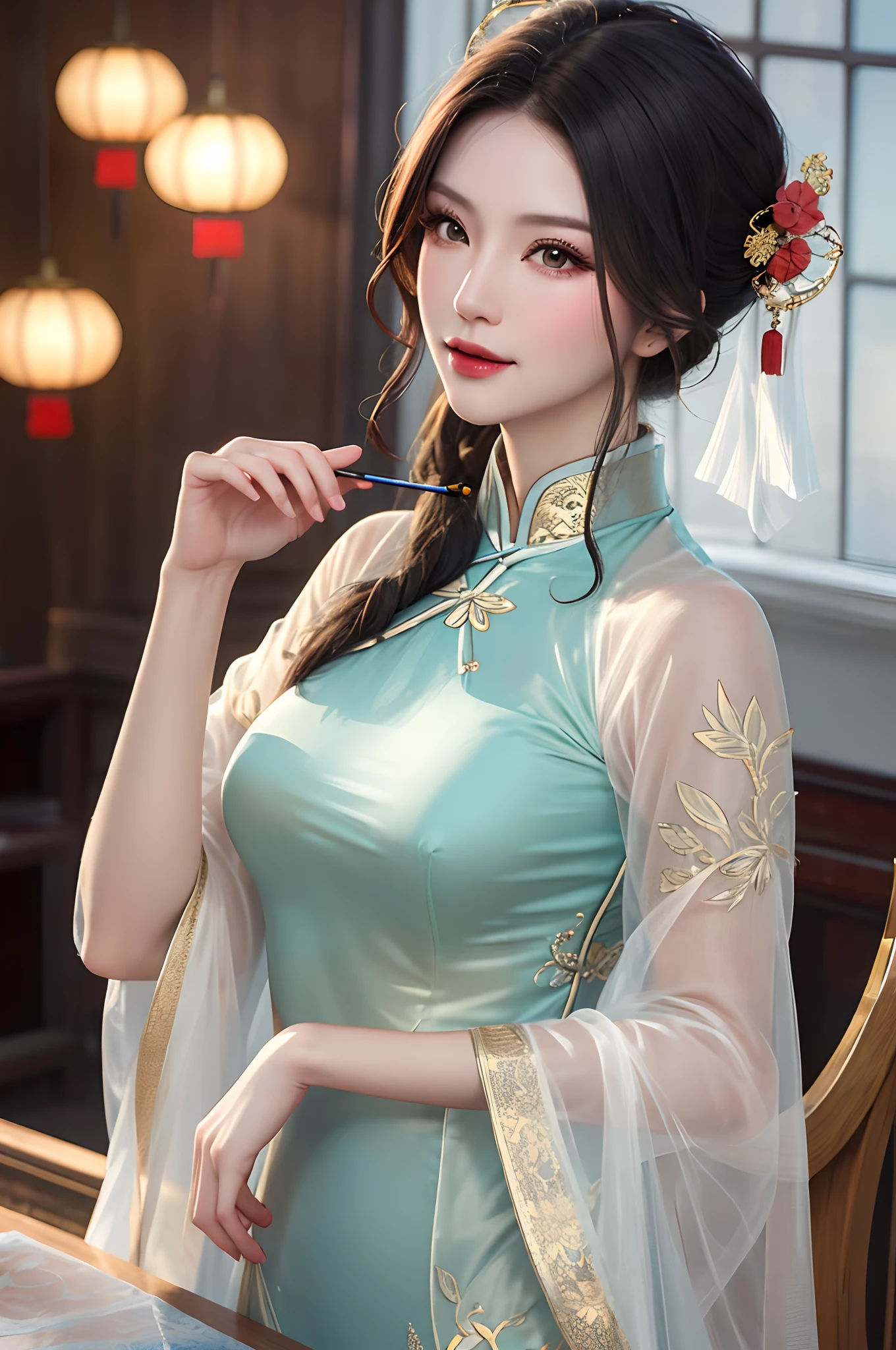 hair stick:1.8 ,1girll, Chinese clothes , clothing cutout ,Translucent silk lace cheongsam, Embroidery pattern,A MILF, Mature female, High contrast, Beautiful and elegant woman,,RAW photogr:1.3,Photorealistic,Cinematic light,Dynamic light,