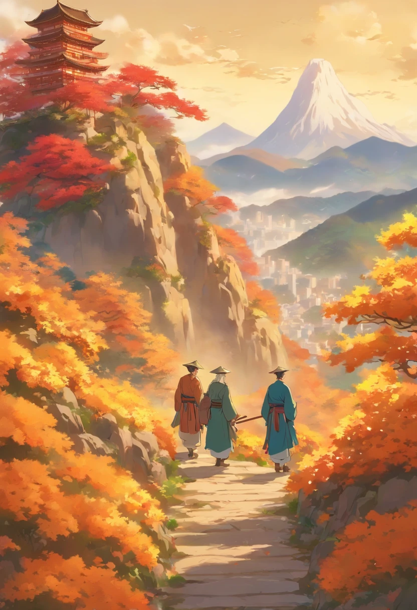 Chung yeung festival, Beautiful autumn scenery, Mountains and water, Man stands on a mountain peak,Chrysanthemums on the road, Two old men climb the mountain together, Sun on the mountain, Warm look, A cartoon illustration, Masterpiece, Best quality, Super quality, Details, Best light and shadow, Best shadow,Autumn, Light gold background