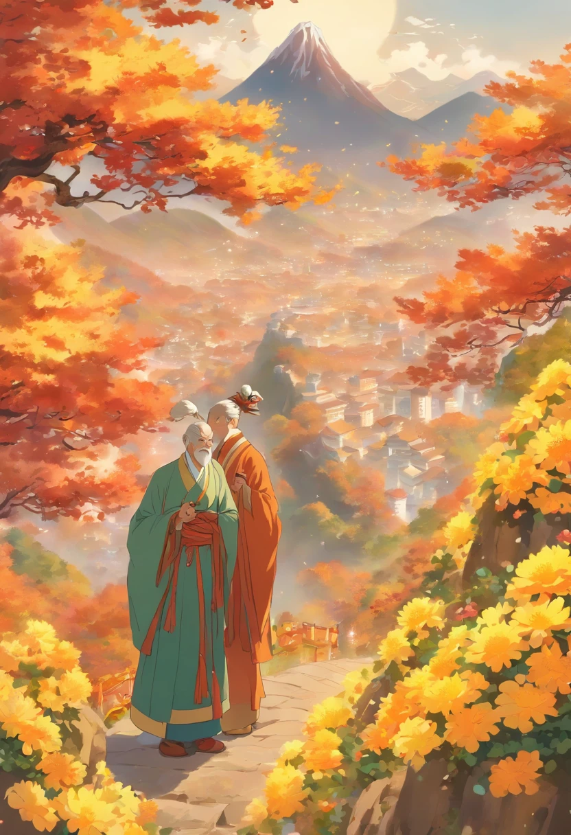 Chung yeung festival, Beautiful autumn scenery, Mountains and water, Man stands on a mountain peak，Chrysanthemums on the road, Two old men climb the mountain together, Sun on the mountain, Warm look, A cartoon illustration, Masterpiece, Best quality, Super quality, Details, Best light and shadow, Best shadow,Autumn, Light gold background