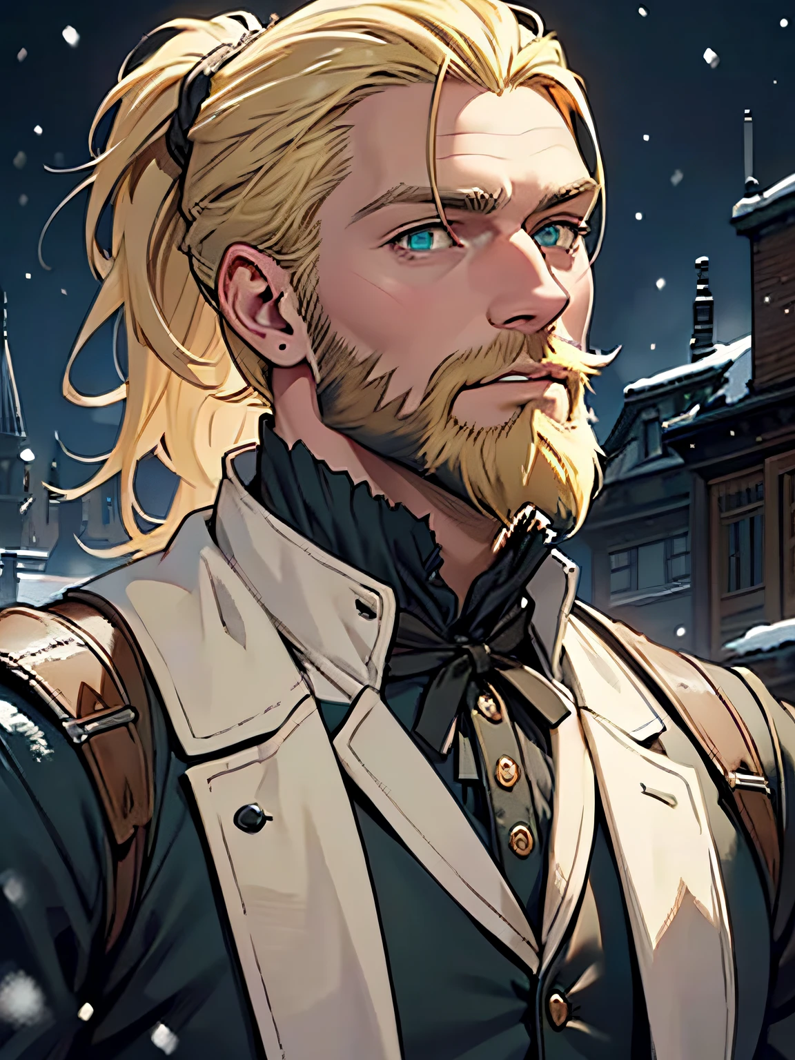 Jesse is tall, He has blonde hair, and old green eyes, he is extremely handsome. 28 year old, blonde full-beard, bearded, powerful, His hair is straight, ponytail style and he has a beautifully toned body. Male. Jesse is seen wearing a victorian bloodborne dark clothes. victorian city background, night, snow, snowing