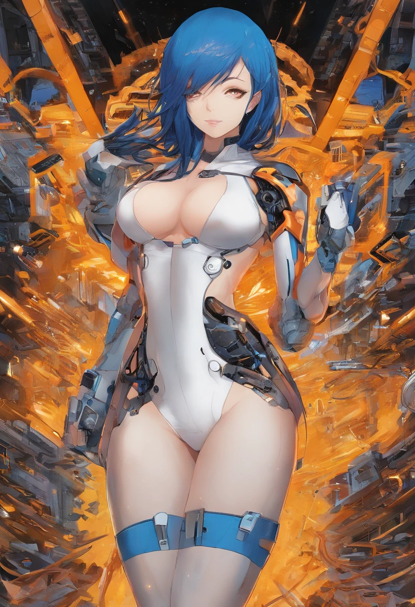 ((melhor qualidade, 8k, obra prima: 1.3)) fotografia cyberpunk de uma mulher bonita com corpo perfeito, com cabelo azul escuro corte do cabelo em camadas, seios grandes (2.7) marcando o bico, bunda definida, cintura fina e abdomen fino, A tight thong panty without a bra with an open jacket, deitada na cama de um hotel de luxo