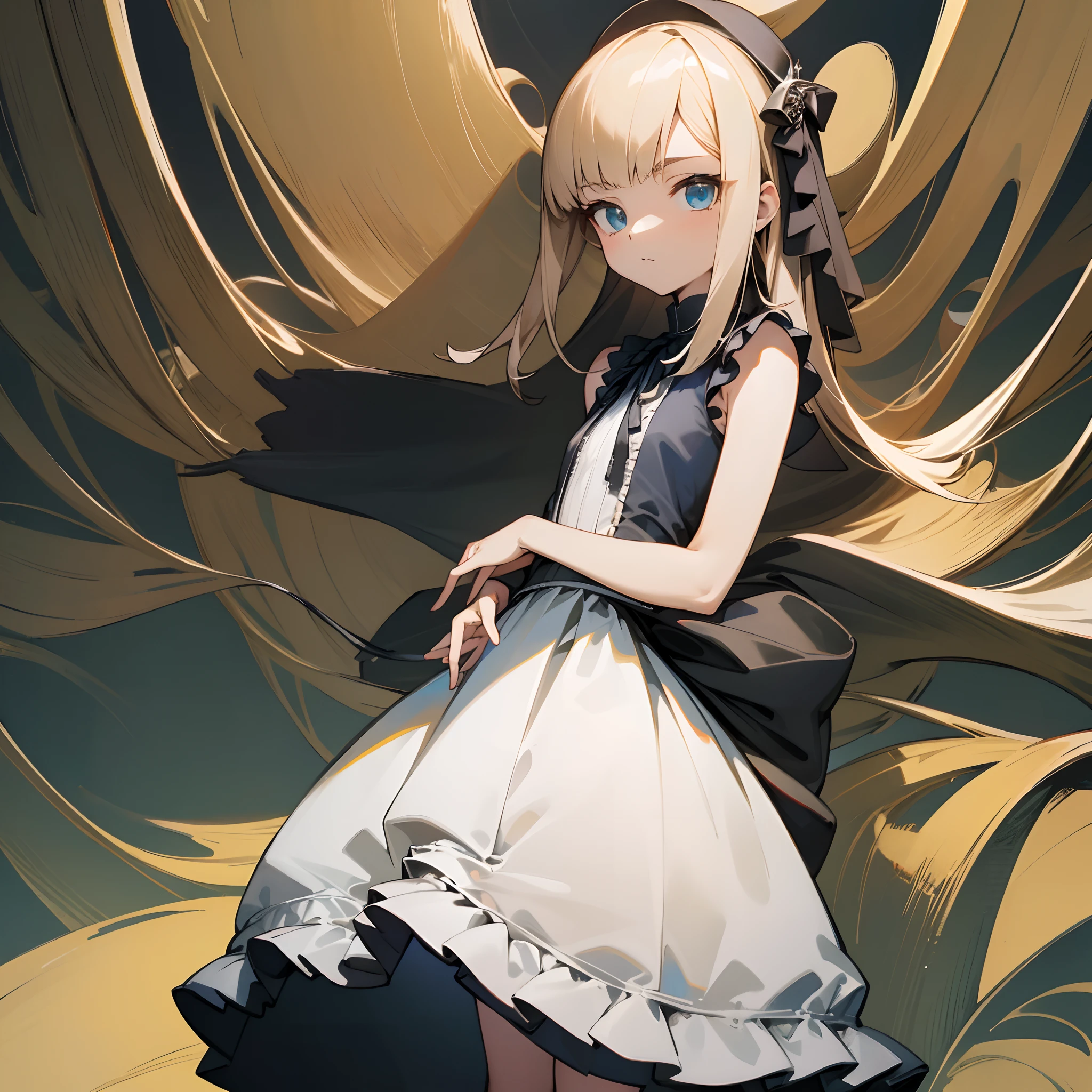 Reines, 1girl, high quality, best quality, illustration, masterpiece, (highly detailed:1.2), (extremely detailed:1.3), flat chest, sleeveless, gothic lolita, young girl, white dress, looking at viewers, short skirt, white, string ribbon