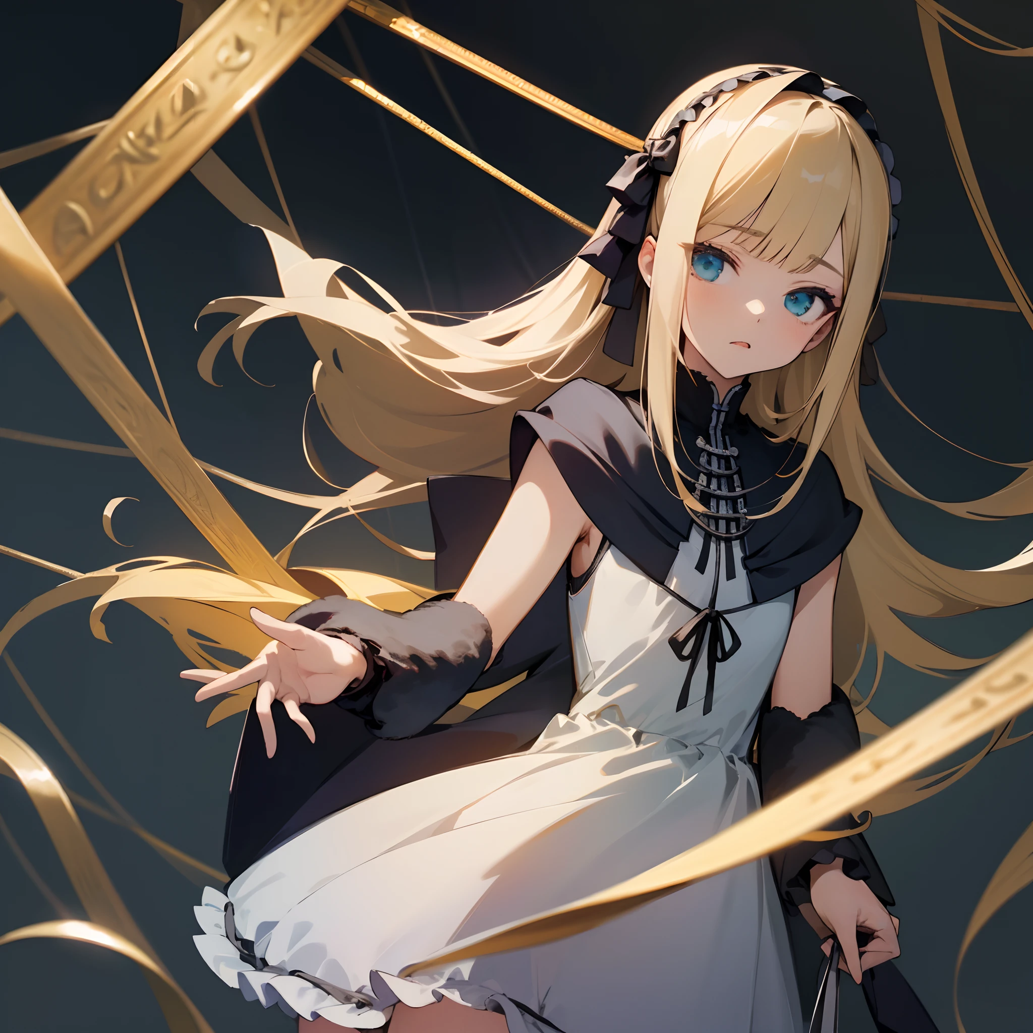 Reines, 1girl, high quality, best quality, illustration, masterpiece, (highly detailed:1.2), (extremely detailed:1.3), flat chest, sleeveless, gothic lolita, young girl, white dress, looking at viewers, short skirt, white, string ribbon
