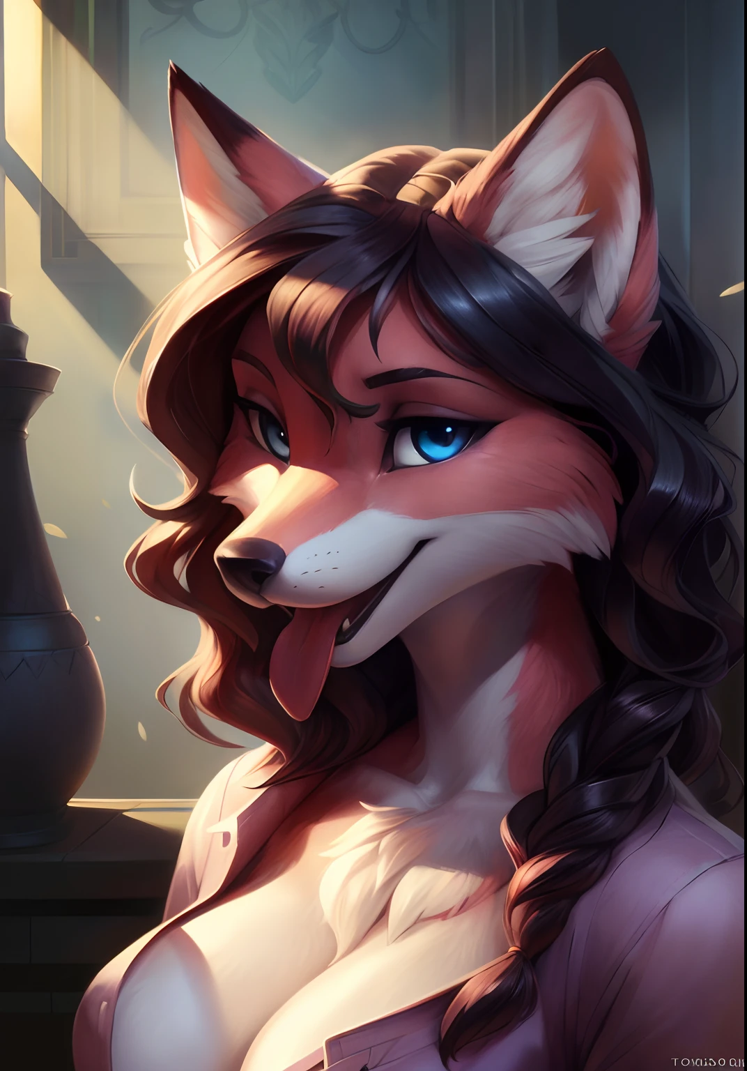 uploaded on e621, by Pixelsketcher, by Bayard Wu, by Thomas Benjamin Kennington , by Einshelm, solo anthro, ((face portrait)), BREAK, ((mouth open tongue out)), ((wear unbuttoned shirt)), (detailed Bonifasko lighting), (detailed fur), (detailed skin), BREAK, ((mouth open tongue out)), ((wear unbuttoned shirt)), ((wavy hair)), ((facing viewer )), (cinematic lighting), ((detailed background)), ((face view)), (((portrait view))), (half shadow), [backlighting], [crepuscular ray], [detailed ambient light], [gray natural lighting], [ambient light], (higher wildlife feral detail), [explict content], [sharp focus], (questionable content), (shaded), ((masterpiece), wavy hair, big hips, medium featureless breasts, breasts, furry pink fox, pink fox face, Furry Fantasy Art, Anthro Art, Commission for High Res, Furry Art, furry Art,Sakimichan beautiful, masterpiece, medium featureless breasts, best quality, detailed image, bright colors, detailed face, perfect lighting, perfect shadows, perfect eyes, girl focus, fox eyes, flawless face, big featureless breasts, gorgeous, shiny face, face focus, pink fox ears, pink fox girl, fluffy, fluffy woman, face fur, animal nose, muzzle, two-tone fur, gaze at the viewer, half-closed eyes, 1girl, solo, full face only, (masterpiece), (best quality), (illustration), (cinematic lighting), wavy hair, detailed fur, balanced coloring, global illumination, ray tracing, good lighting, pink fox, furry, anthro, showing featureless breasts, cleavage, attractive face, sexy face, looking at viewer, seductive look, SFW