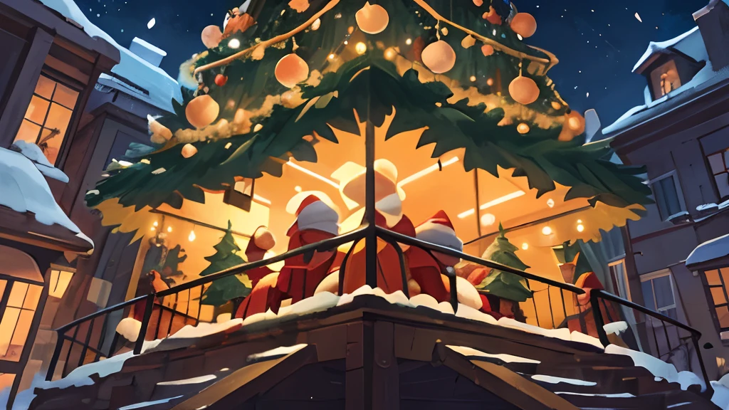 enourmous Christmas tree, present, outside, night, cartoon illustration style, vintage tone,