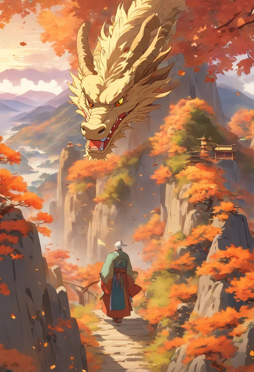 Chung yeung festival, Beautiful autumn scenery, Mountains and water, Man stands on a mountain peak,Chrysanthemums on the road, Two old men climb the mountain together, Sun on the mountain, Warm look, A cartoon illustration, Masterpiece, Best quality, Super quality, Details, Best light and shadow, Best shadow,Autumn, Light gold background,A dragon sleeping on a mountain