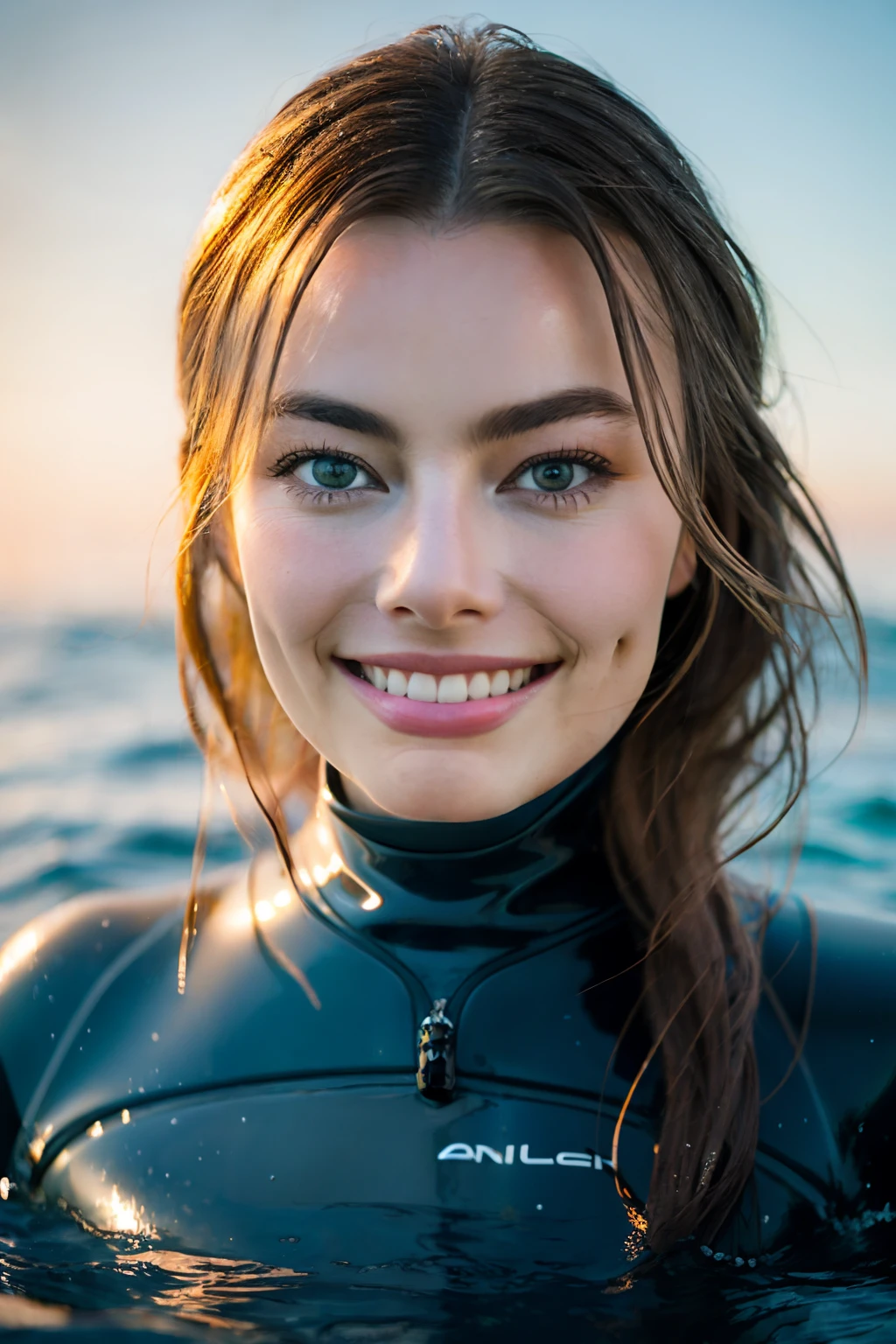 Margot Robbie, 1girl, portrait, face, depth of field, smile, wetsuit, sea, evening, afloat, waves,