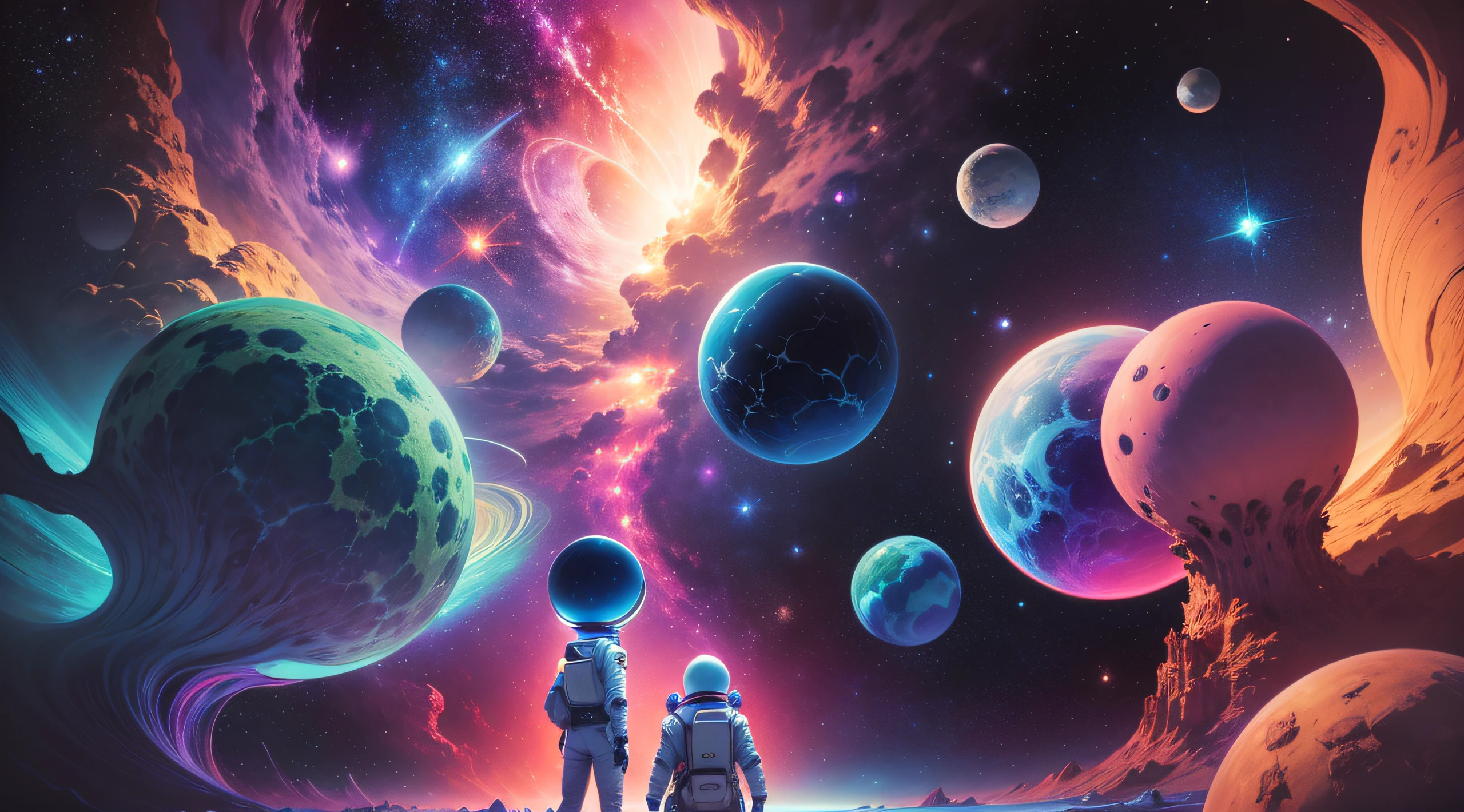 Space scene with close-up of astronauts on planet, space, cosmic space, Space travelling, Space travelling, cosmic space, outerspace, psychedelic illustrations, space colors, cosmic and colorful, sci-fi illustrations, sci-fi illustrations, Surreal space, standing in outer space, Unknown space, Psychedelic atmosphere, view of the cosmos, dmt space behind