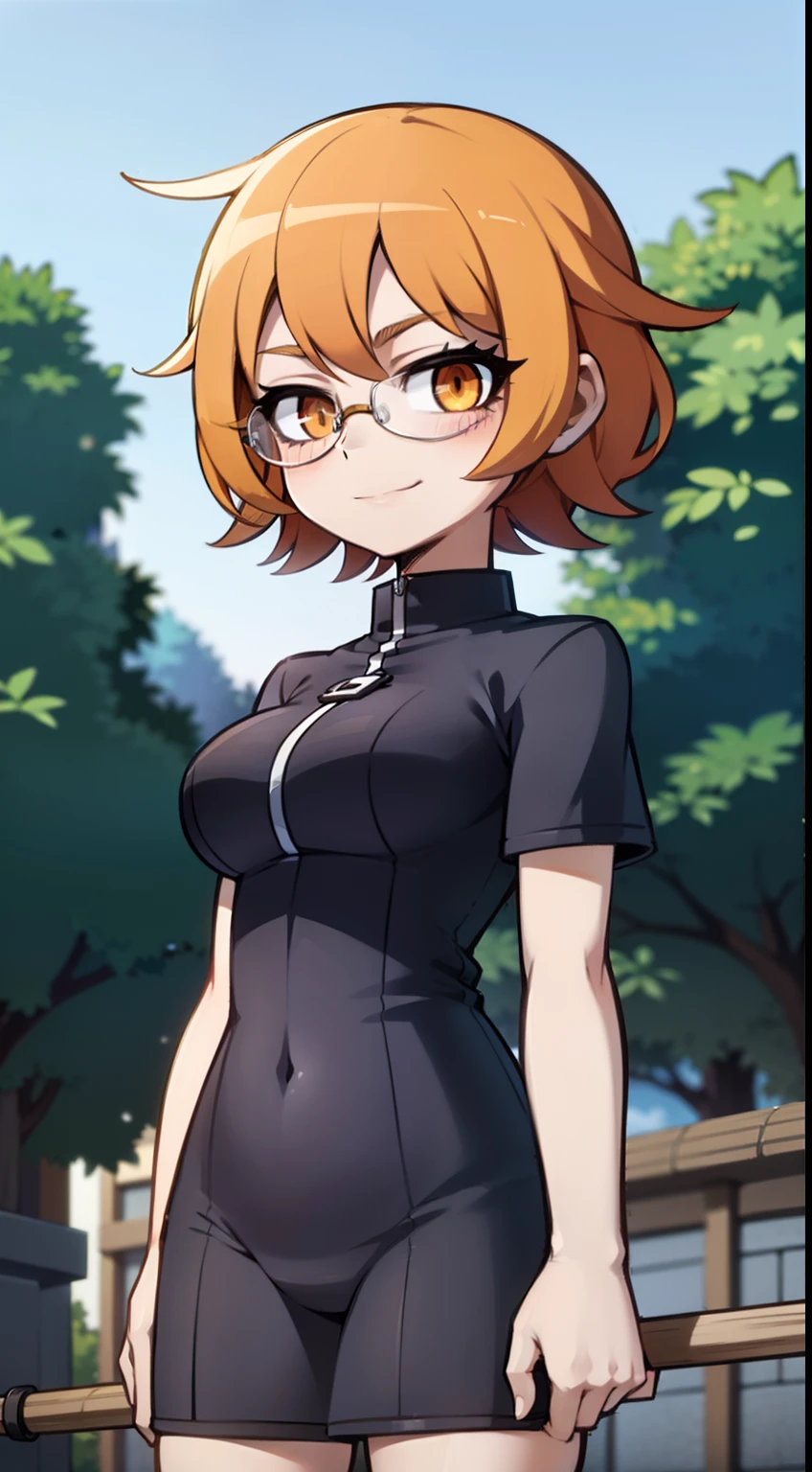 Big Tits. Glasses. Orange Eyes. Orange hair. magical little girl. Weapon is an axe. Anime Girl. Short hair, anime style eyes, anime keyvisual. Perfect pupil. Solo. ssmile,