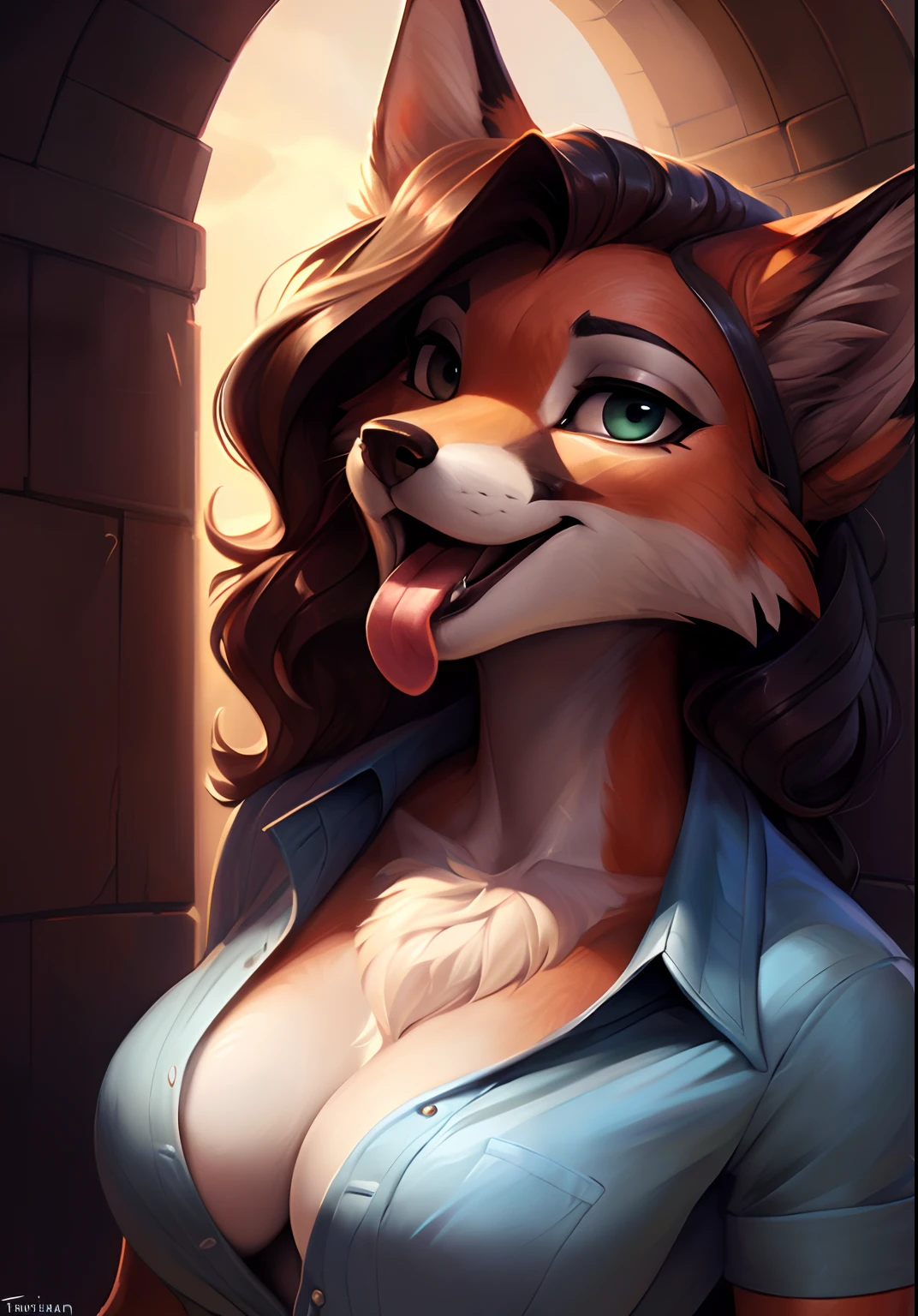 uploaded on e621, by Pixelsketcher, by Bayard Wu, by Thomas Benjamin Kennington , by Einshelm, solo anthro, ((face portrait)), BREAK, ((mouth open tongue out)), ((wear unbuttoned shirt)), (detailed Bonifasko lighting), (detailed fur), (detailed skin), BREAK, ((mouth open tongue out)), ((wear unbuttoned shirt)), ((wavy hair)), ((facing viewer )), (cinematic lighting), ((detailed background)), ((face view)), (((portrait view))), (half shadow), [backlighting], [crepuscular ray], [detailed ambient light], [gray natural lighting], [ambient light], (higher wildlife feral detail), [explict content], [sharp focus], (questionable content), (shaded), ((masterpiece), wavy hair, big hips, medium featureless breasts, breasts, furry fox, fox face, Furry Fantasy Art, Anthro Art, Commission for High Res, Furry Art, furry Art,Sakimichan beautiful, masterpiece, medium featureless breasts, best quality, detailed image, bright colors, detailed face, perfect lighting, perfect shadows, perfect eyes, girl focus, fox eyes, flawless face, big featureless breasts, gorgeous, shiny face, face focus, fox ears, fox girl, fluffy, fluffy woman, face fur, animal nose, muzzle, two-tone fur, gaze at the viewer, half-closed eyes, 1girl, solo, full face only, (masterpiece), (best quality), (illustration), (cinematic lighting), wavy hair, detailed fur, balanced coloring, global illumination, ray tracing, good lighting, doberman, furry, anthro, showing featureless breasts, cleavage, attractive face, sexy face, looking at viewer, seductive look, SFW