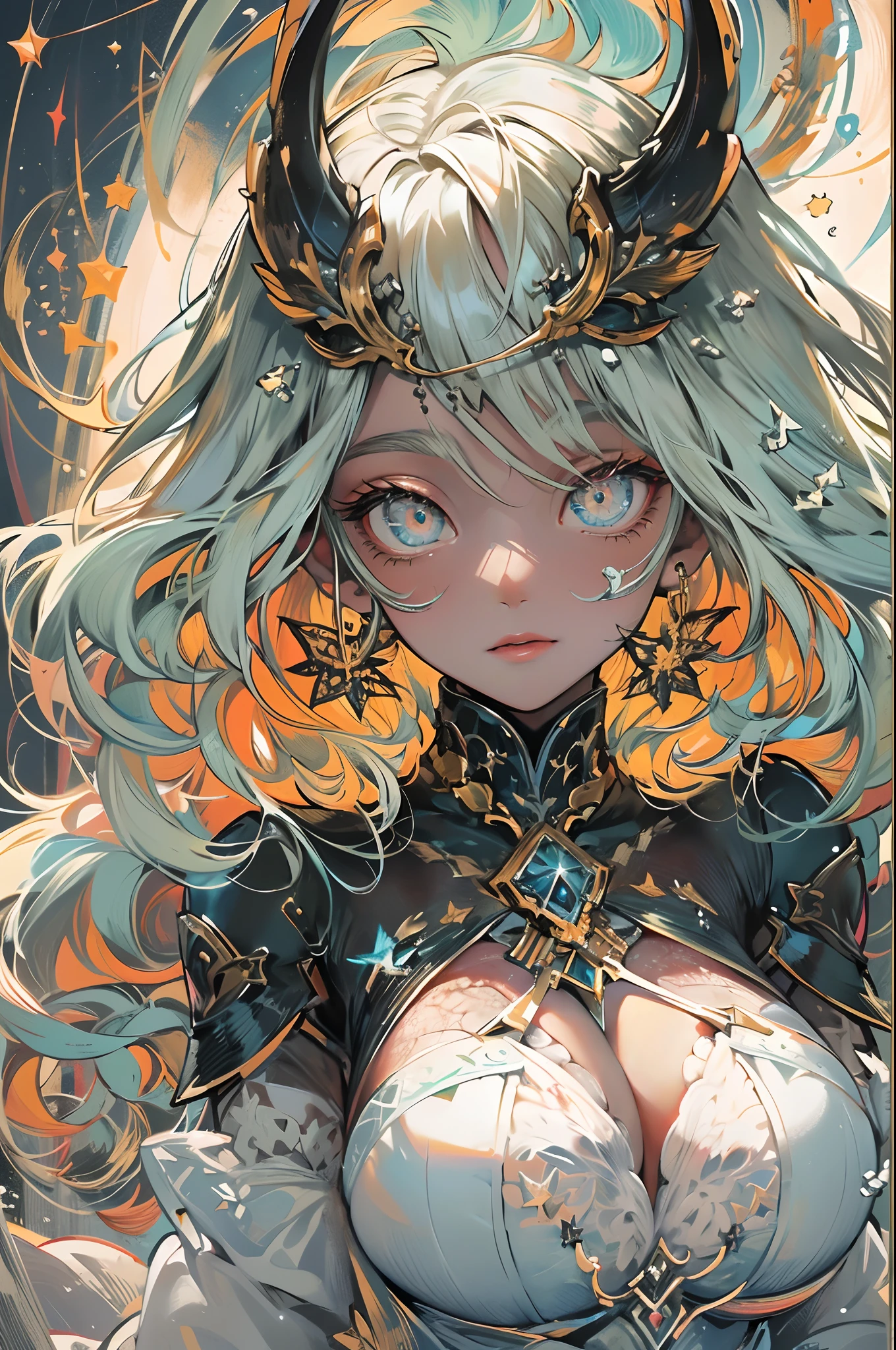 concept-art, (Masterpiece, Top quality, Best quality, offcial art, Beautiful and aesthetic:1.2),  (Orange hair:1.1), eyeslashes, Short hair, Blue eyes, Show on the \(D elete\), White dress, Gold jewelry, Cloak made of starry sky cloth, devil horns, Background, Gloomy sky, (Intricate details:0.9), ultra - detailed, the complex background, style-swirlmagic, Deep Sea Sal Technology , dark energy, Ethereal, desolving, See-through, Abyss,  :1.1),  Digital artwork, illustrated, painting of a, Matte painting, Highly detailed,((Huge breasts :1.5)）