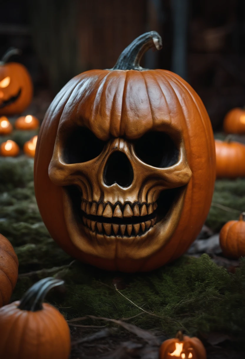 /imagine a halloween scene, with a big pumpkin and smaller ones, spooky, geek, horror, ultra realistic, 8k