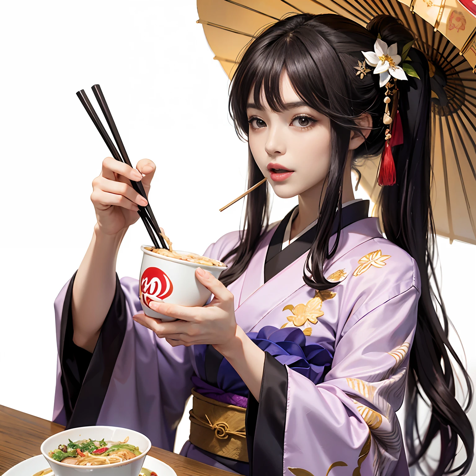 Background of details(Eating at home(Eating cup noodles)He uses two chopsticks with his right hand),BREAK,elaborate costume{Luxury kimono(Colorful kimono(detailed embroidery,))}、1womanl(Japanese actressl:1.2)(face perfect:1.2),Depicting a beautiful and classy adult woman,glossy dark hair(poneyTail),Heart in the eye, Wallpapers 16K,Blur the background with a sickle,((masutepiece)), ((Best Quality)),{{a portrait photo of}},full body Esbian