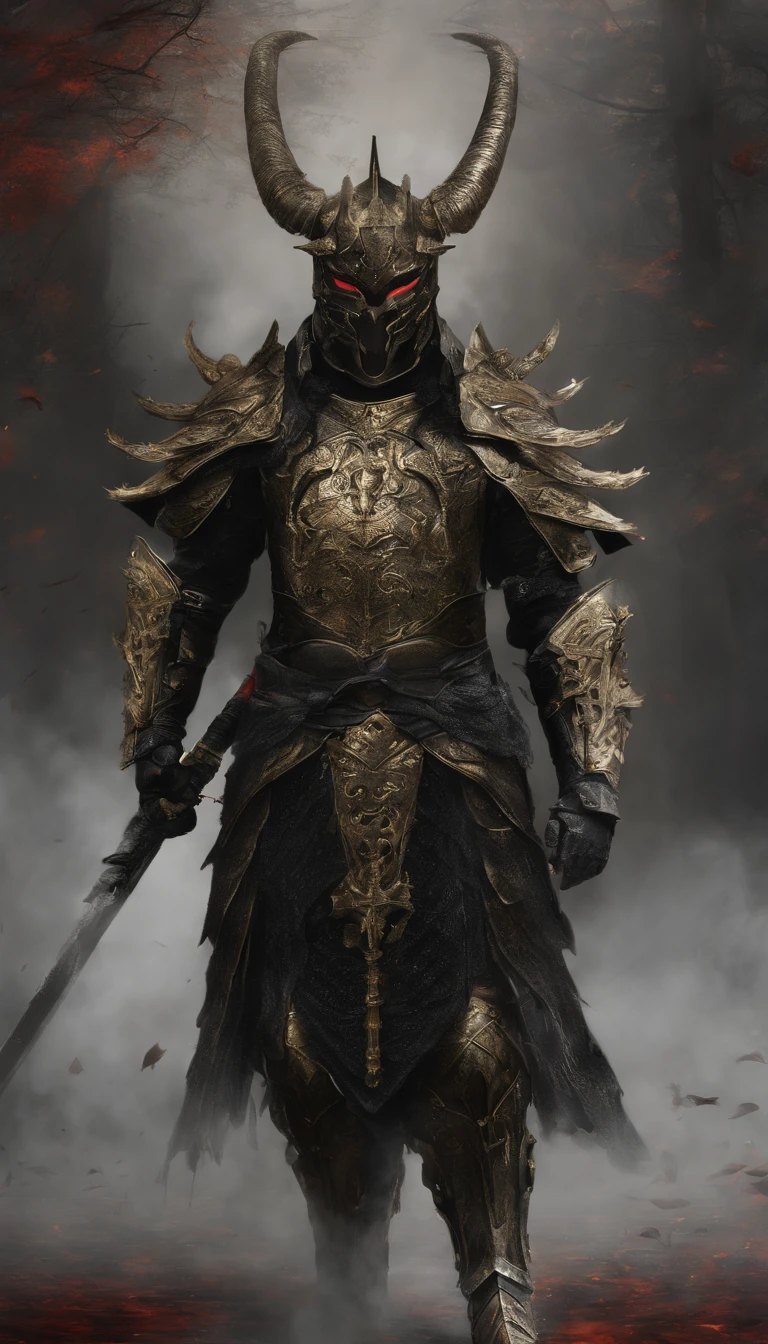 warrior, concept-art, author:Kishiganku, Fantasy art, battleground background, clean render, a horned, Wear a suit of armor, Detailed bushido form smoke, helmet of a forgotten deity, character is standing, 8k Realistic, in game render, detailed face background detail, Art station front page, taur, Pseudo-medieval fantasy, A deity wearing koi armor, detailed bronze armor, Bronze armor, golden etched armor, gold obsidian armor, Light gold armor, Gorgeous filigree armor, A demonic warrior, Gorgeous armor full of thorns, Intricate assasin armor, Intricate metal armor, powerful warrior, Dressed in gorgeous gold armor,Decorated with intricate patterns, The helmet has a large crown and two horns,Glowing red eyes, Everything is in the dark, The smoky background hints at battle scenes, Add an ominous aura to his character,submission, Full body shot.