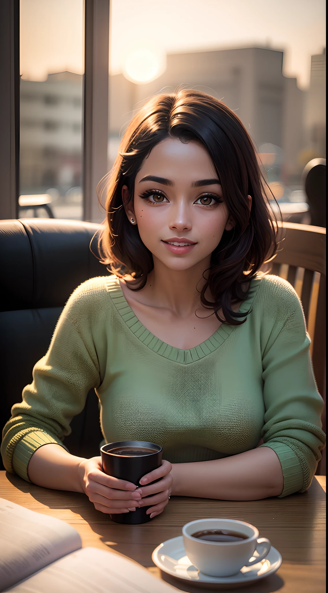 Morena,Cute beautiful black woman with green sweater  (Drink coffee in a modern café at sunset), Elegant businesswoman, Successful businesswoman with cell phone in hand, muito detalhado, 25 anos, Rosto inocente, cabelos naturalmente cachedos, olhos castanhas, alta resolução, obra-prima, melhor qulaity, Detalhes intrincados, muito detalhado, foco nítido, Pele detalhada, texturaa de pele realista, textura, Olhos detalhados, Profissional, 4k, sorriso encantador, tirada com Canon, 85 millimeters, Profundidade de campo leve, Cor Kodak Vision, Corpo perfeitamente ajustado, Extremamente detalhado, fotografia_\(Ultra\), fotoRealistisch, Realistisch, Post-processing, maximum details, Rugosidade, vida real, Ultrarrealista, fotografiarrealismo, fotografiagrafia, 8k UHD, fotografiagrafia --auto