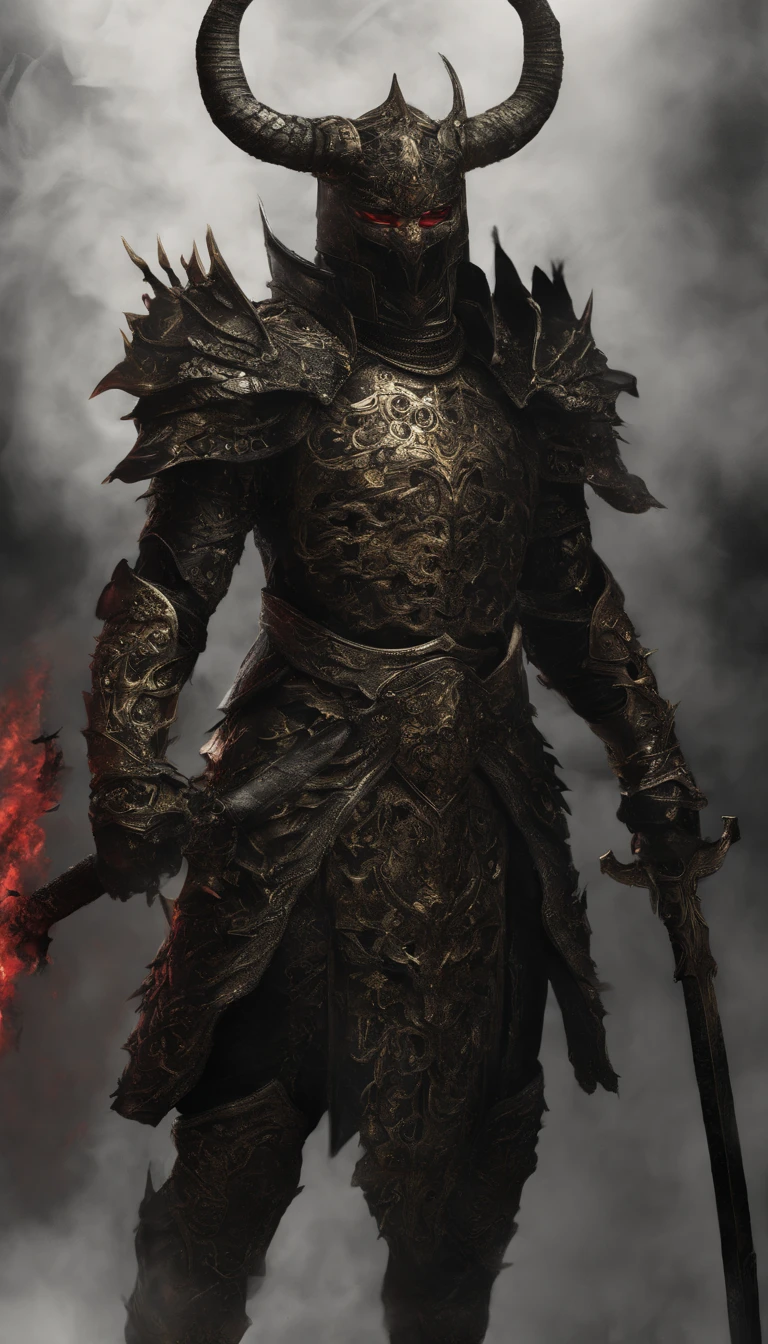warrior, concept-art, author:Kishiganku, Fantasy art, battleground background, clean render, a horned, Wear a suit of armor, Detailed bushido form smoke, helmet of a forgotten deity, character is standing, 8k Realistic, in game render, detailed face background detail, Art station front page, taur, Pseudo-medieval fantasy, A deity wearing koi armor, detailed bronze armor, Bronze armor, golden etched armor, gold obsidian armor, Light gold armor, Gorgeous filigree armor, A demonic warrior, Gorgeous armor full of thorns, Intricate assasin armor, Intricate metal armor, powerful warrior, Dressed in gorgeous gold armor,Decorated with intricate patterns, The helmet has a large crown and two horns,Glowing red eyes, Everything is in the dark, The smoky background hints at battle scenes, Add an ominous aura to his character,submission, Full body shot.