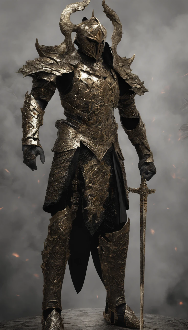 warrior, concept-art, author:Kishiganku, Fantasy art, battleground background, clean render, a horned, Wear a suit of armor, Detailed bushido form smoke, helmet of a forgotten deity, character is standing, 8k Realistic, in game render, detailed face background detail, Art station front page, taur, Pseudo-medieval fantasy, A deity wearing koi armor, detailed bronze armor, Bronze armor, golden etched armor, gold obsidian armor, Light gold armor, Gorgeous filigree armor, A demonic warrior, Gorgeous armor full of thorns, Intricate assasin armor, Intricate metal armor, powerful warrior, Dressed in gorgeous gold armor,Decorated with intricate patterns, The helmet has a large crown and two horns,Glowing red eyes, Everything is in the dark, The smoky background hints at battle scenes, Add an ominous aura to his character,submission, Full body shot.
