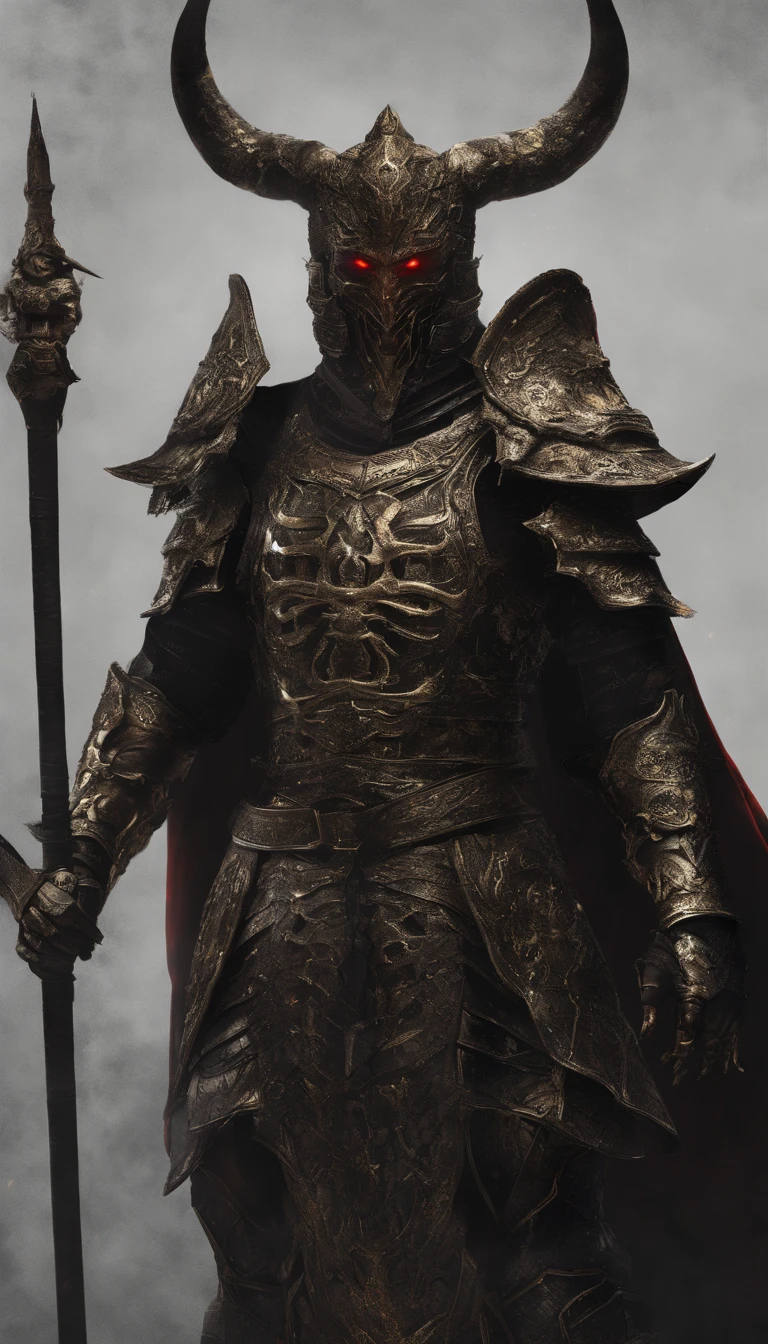 warrior, concept-art, author：Kishiganku, Fantasy art, battleground background, clean render, a horned, Wear a suit of armor, Detailed bushido form smoke, helmet of a forgotten deity, character is standing, 8k Realistic, in game render, detailed face background detail, Art station front page, taur, Pseudo-medieval fantasy, A deity wearing koi armor, detailed bronze armor, Bronze armor, golden etched armor, gold obsidian armor, Light gold armor, Gorgeous filigree armor, A demonic warrior, Gorgeous armor full of thorns, Intricate assasin armor, Intricate metal armor, powerful warrior, Dressed in gorgeous gold armor，Decorated with intricate patterns, The helmet has a large crown and two horns,Glowing red eyes， Everything is in the dark, The smoky background hints at battle scenes, Add an ominous aura to his character，submission, Full body shot.
