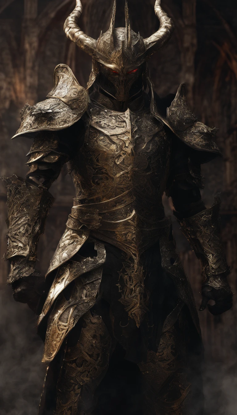 warrior, concept-art, author:Kishiganku, Fantasy art, battleground background, clean render, a horned, Wear a suit of armor, Detailed bushido form smoke, helmet of a forgotten deity, character is standing, 8k Realistic, in game render, detailed face background detail, Art station front page, taur, Pseudo-medieval fantasy, A deity wearing koi armor, detailed bronze armor, Bronze armor, golden etched armor, gold obsidian armor, Light gold armor, Gorgeous filigree armor, A demonic warrior, Gorgeous armor full of thorns, Intricate assasin armor, Intricate metal armor, powerful warrior, Dressed in gorgeous gold armor,Decorated with intricate patterns, The helmet has a large crown and two horns,Glowing red eyes, Everything is in the dark, The smoky background hints at battle scenes, Add an ominous aura to his character,submission, Full body shot.