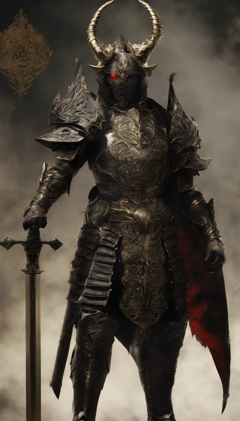 warrior, concept-art, author：Kishiganku, Fantasy art, battleground background, clean render, a horned, Wear a suit of armor, Detailed bushido form smoke, helmet of a forgotten deity, character is standing, 8k Realistic, in game render, detailed face background detail, Art station front page, taur, Pseudo-medieval fantasy, A deity wearing koi armor, detailed bronze armor, Bronze armor, golden etched armor, gold obsidian armor, Light gold armor, Gorgeous filigree armor, A demonic warrior, Gorgeous armor full of thorns, Intricate assasin armor, Intricate metal armor, powerful warrior, Dressed in gorgeous gold armor，Decorated with intricate patterns, The helmet has a large crown and two horns,Glowing red eyes， Everything is in the dark, The smoky background hints at battle scenes, Add an ominous aura to his character，submission, Full body shot.