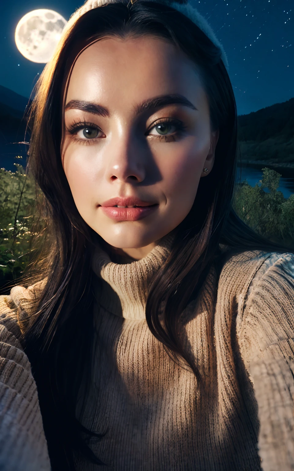 Margot Robbie, photorealistic, best quality, hyper detailed, beautiful woman, selfie photo, upper body, solo, wearing pullover, outdoors, (night), mountains, real life nature, stars, moon, (cheerful, happy), sleeping bag, gloves, sweater, beanie, flashlight, forest, rocks, river, wood, smoke, fog, clear sky, analog style, looking at viewer, skin texture, film grain, close up, ultra high res, best shadow, RAW, instagram LUT