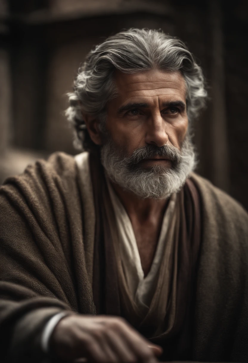 "Half-body photo of a wise and imposing man, de 40 anos, magro, barbudo e com cabelos grisalhos, with a serious expression and an air of experience. highes definition. Inspiration of ancient Greek man."